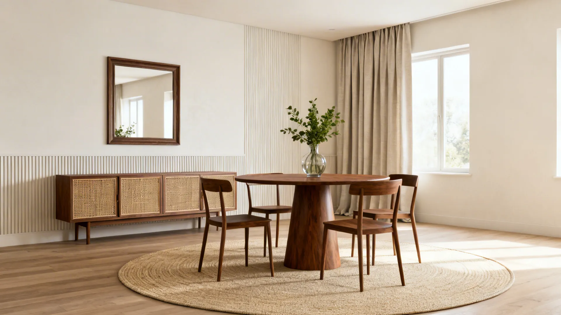 Minimalist dining room with round wood table four chairs large rug and a wood cabinet