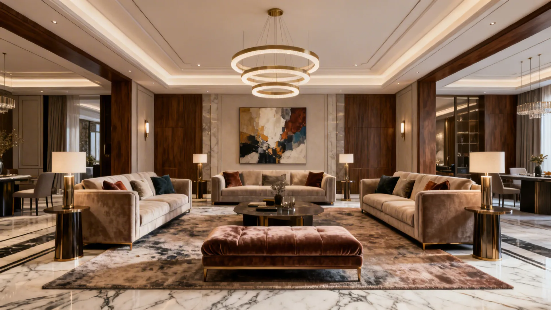 Large formal living room with paired sofas, chaise, and statement lighting.