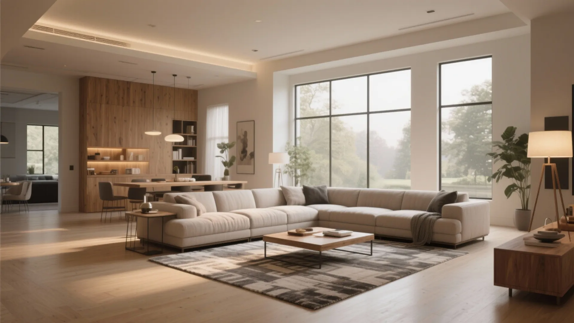 Modern open plan living room with large corner sofa wooden floor big windows and dining