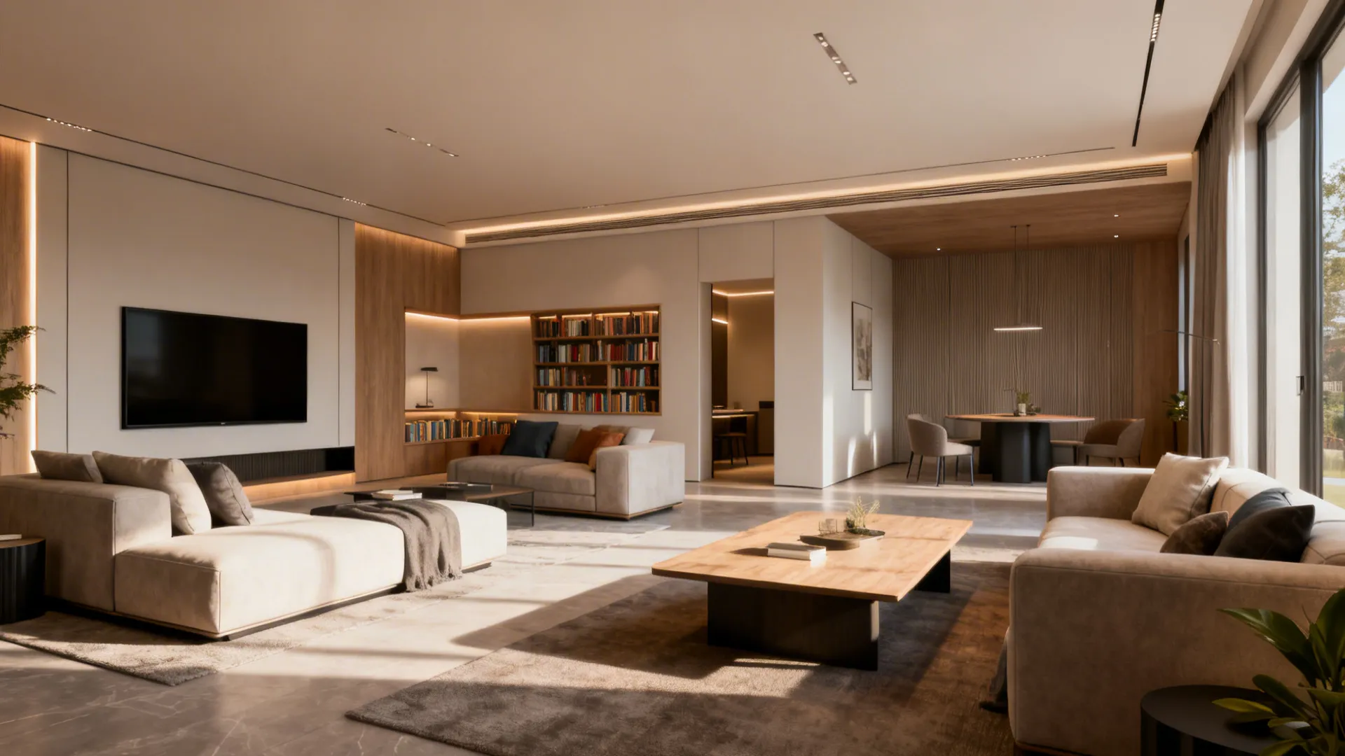 Spacious lounge with multiple seating areas and a built-in bookcase reading nook