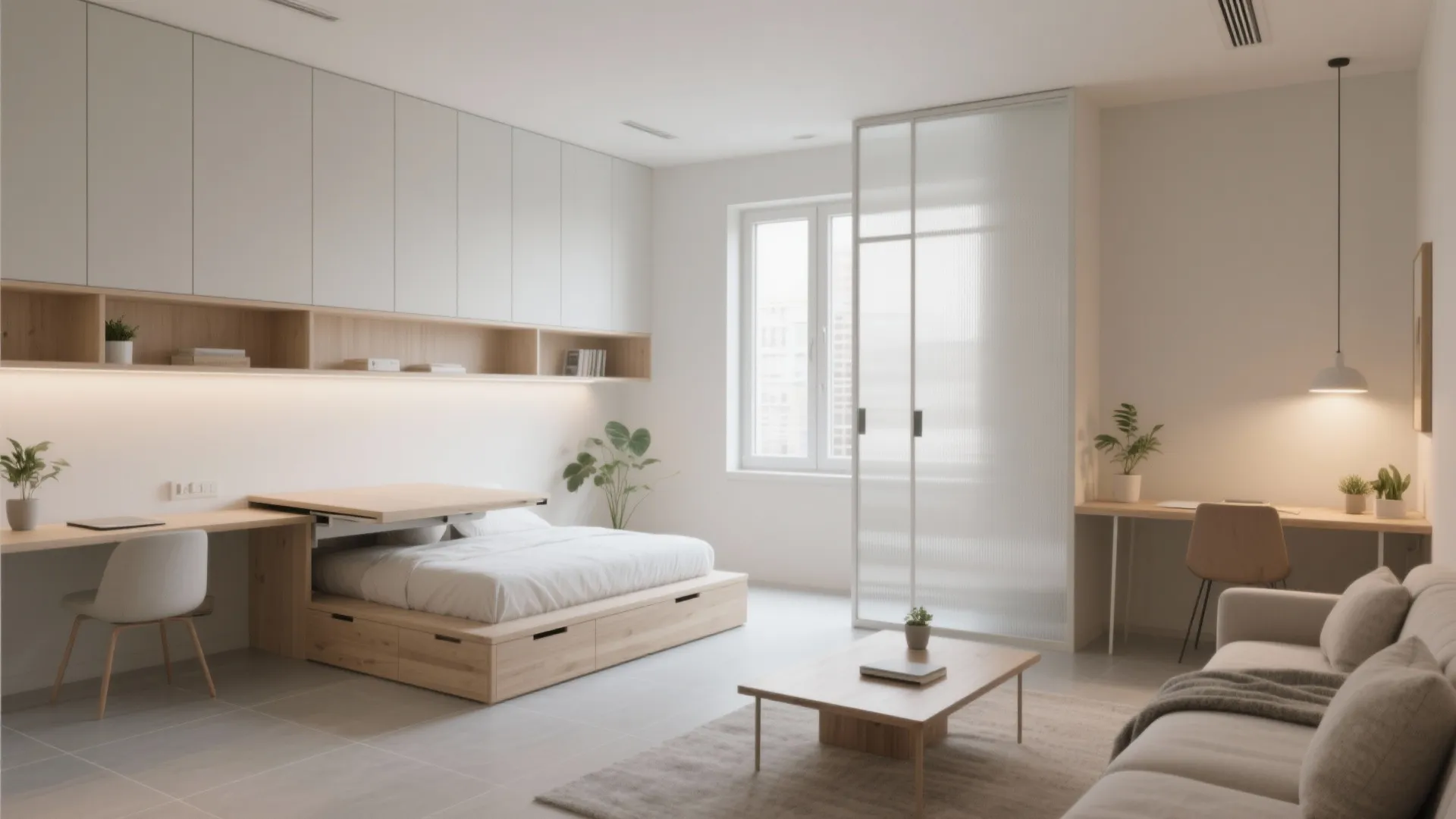 Modern studio apartment with wooden bed storage, white cabinets, desk, sofa, coffee table, and window
