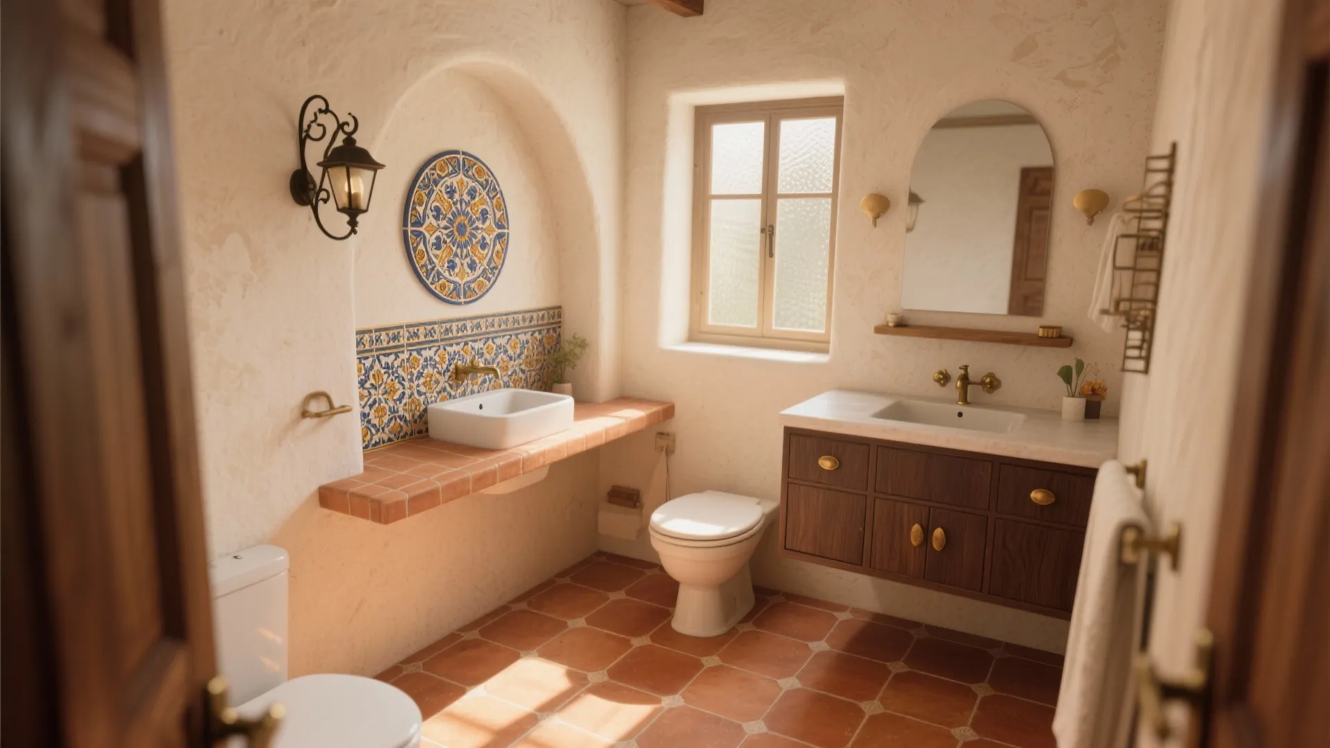 Spanish bathroom featuring arched wall niche decorative pattern tiles wooden cabinet sink and warm flooring