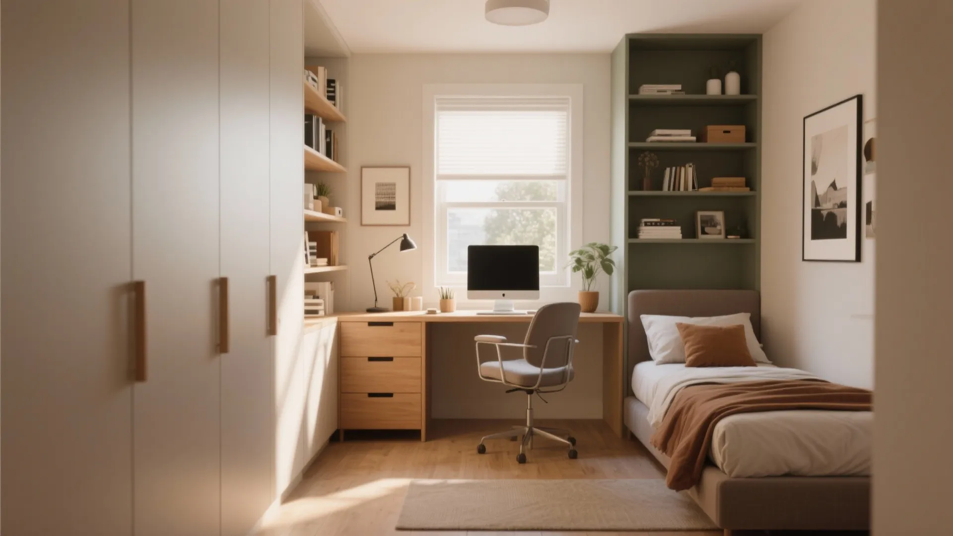 Small bedroom interior design featuring a wooden desk computer chair bed and tall white wardrobes