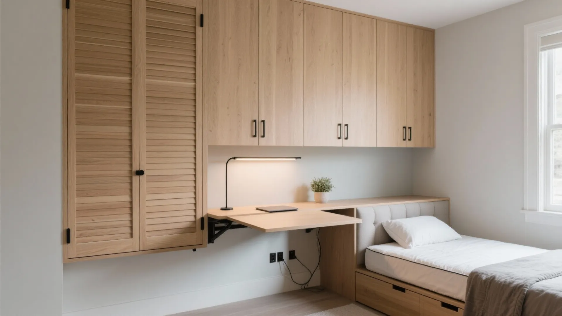 Built-in storage wall with a fold-down desk in the spare bedroom