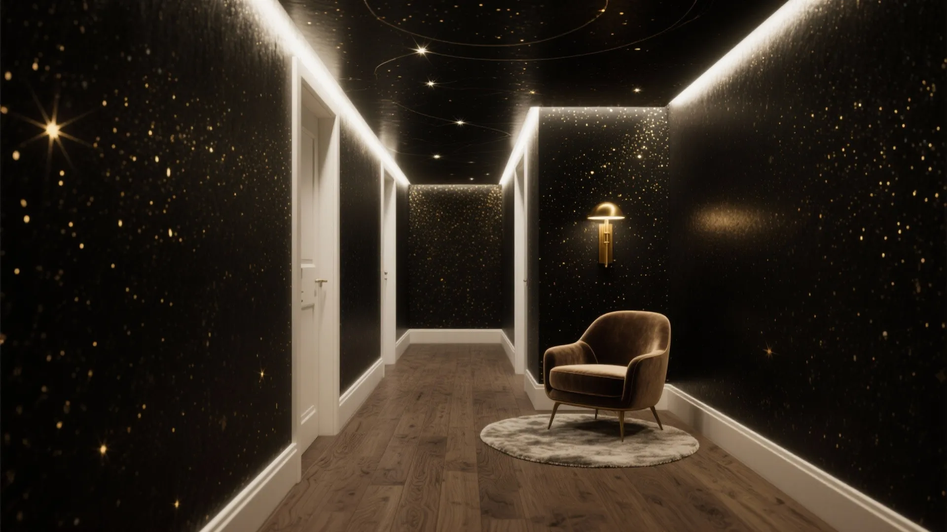 Luxury hallway with sparkling black wallpaper wooden floor gold wall light and a single velvet sofa
