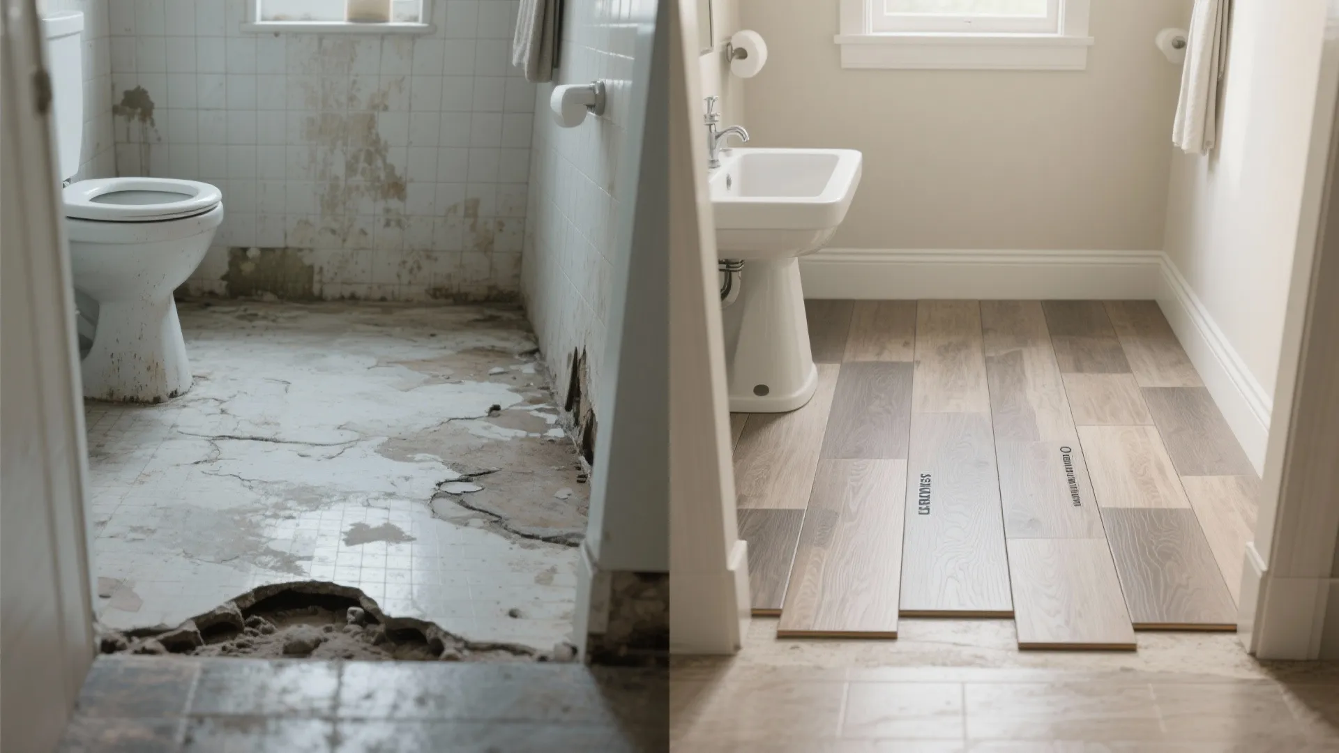 Before-and-after of small bath floor showing leveling and new SPC vinyl installation.