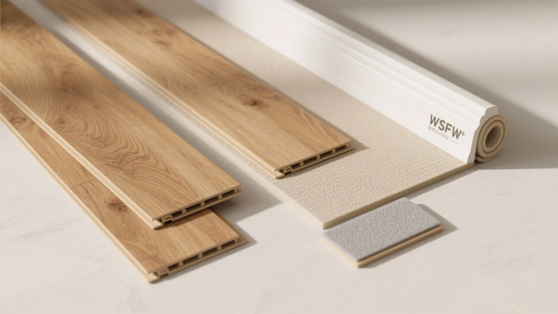 Flat lay of SPC vinyl planks, acoustic underlayment, and matching PVC skirting in warm oak tones.