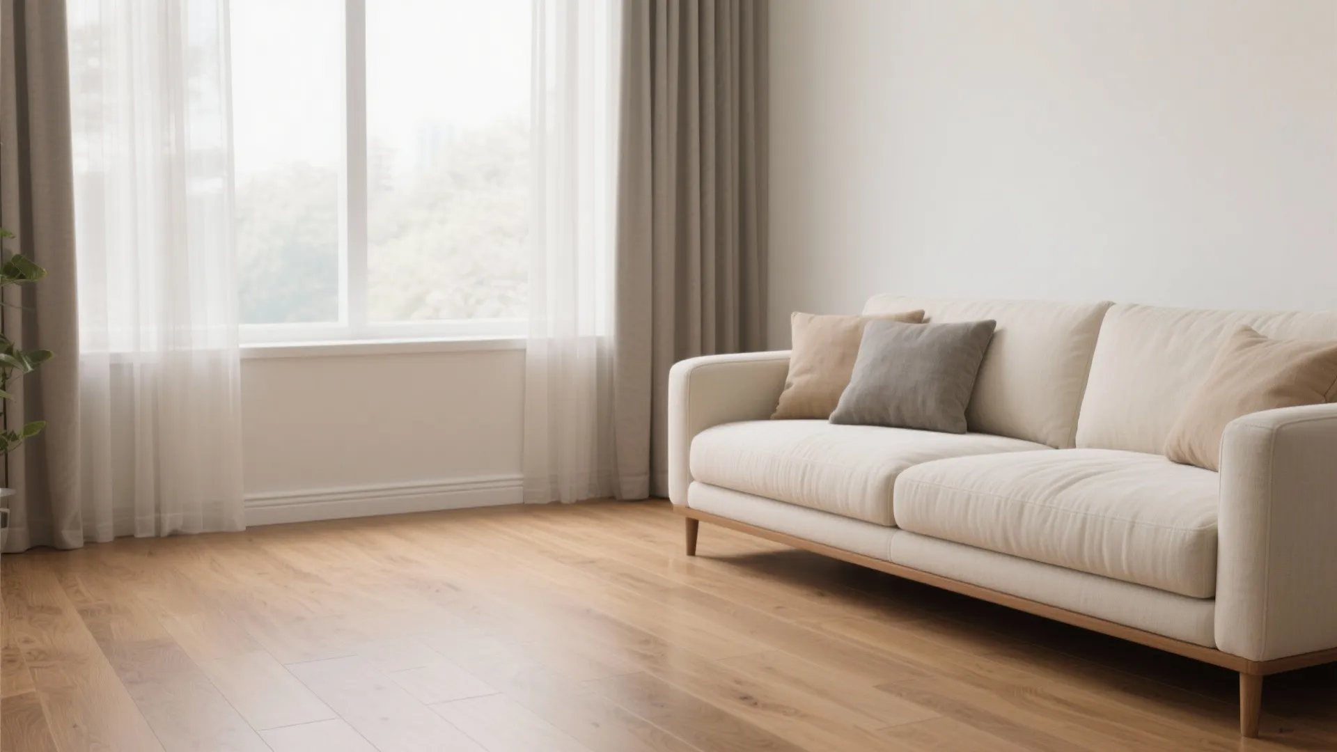 Living room with warm oak SPC flooring laid parallel to the longest wall and matching PVC skirting for a seamless look.