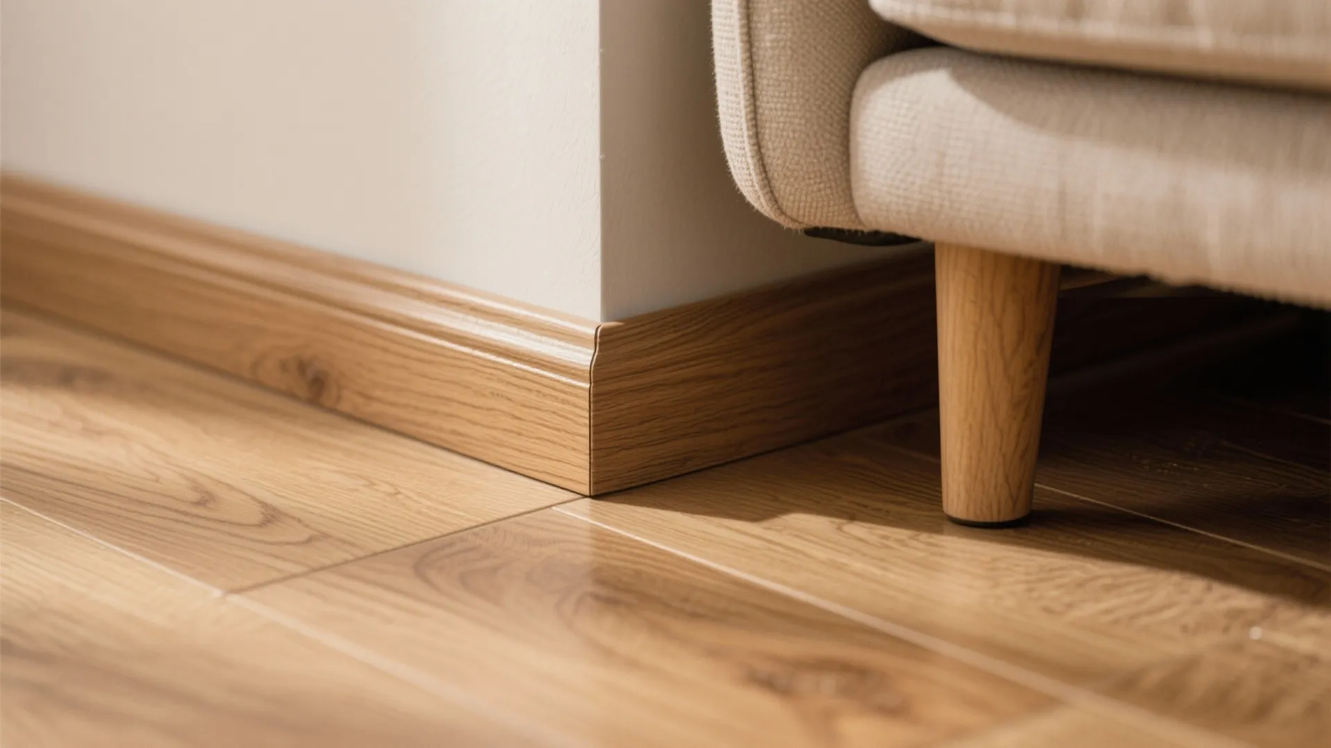 Macro of wood-look SPC floor with 75 mm skirting beside a fabric sofa leg