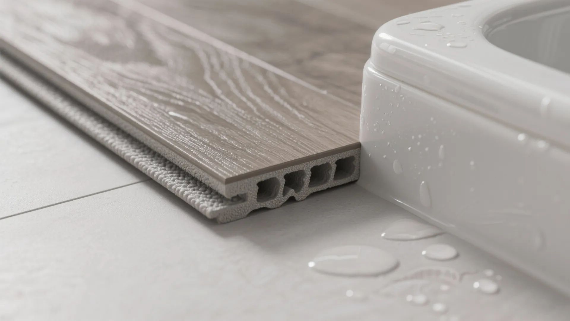 Macro of SPC vinyl plank with IXPE pad, micro-bevel edge, and silicone joint at tub.