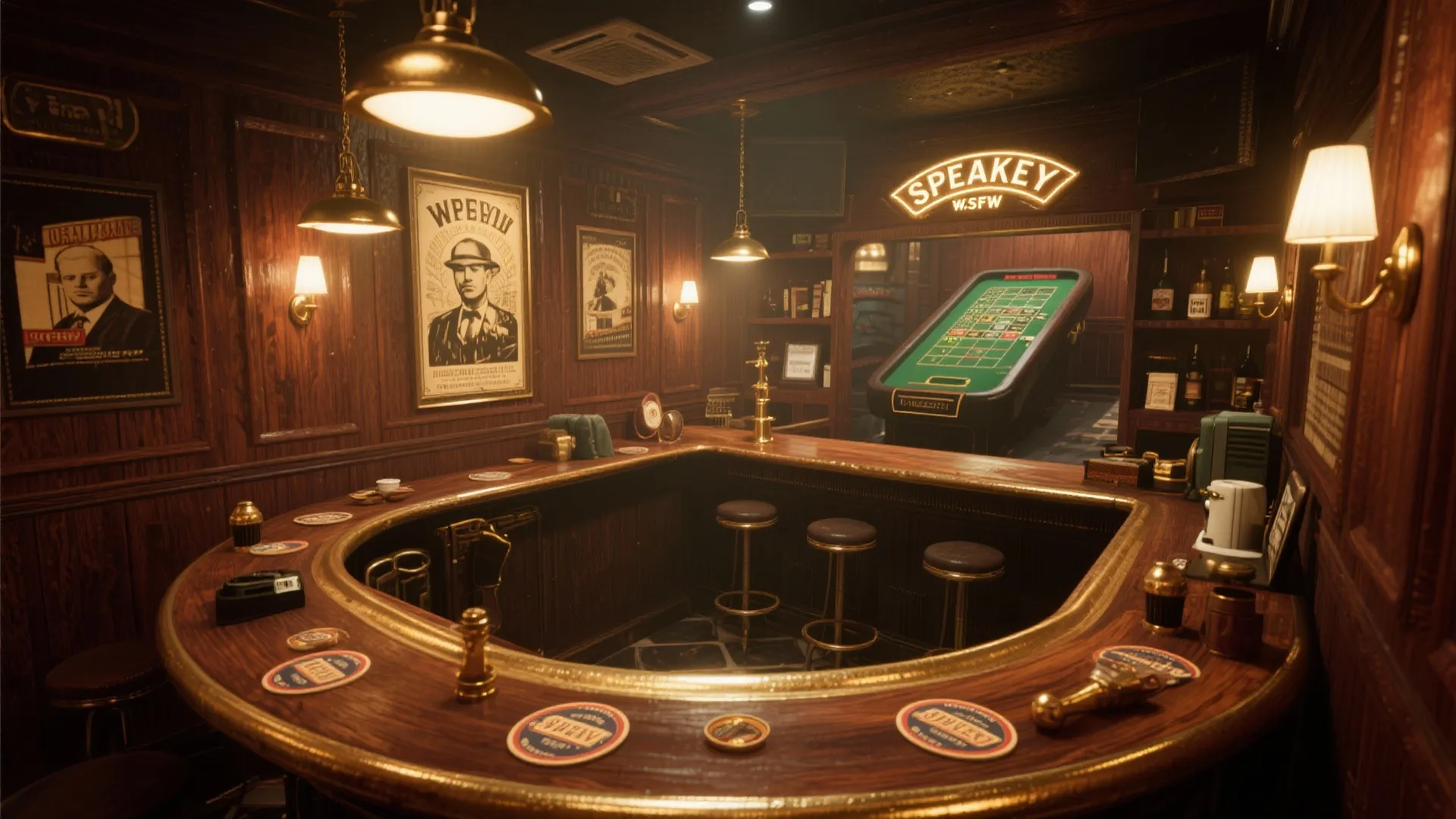 Vintage speakeasy bar design with wood walls round counter stools and a green gaming table