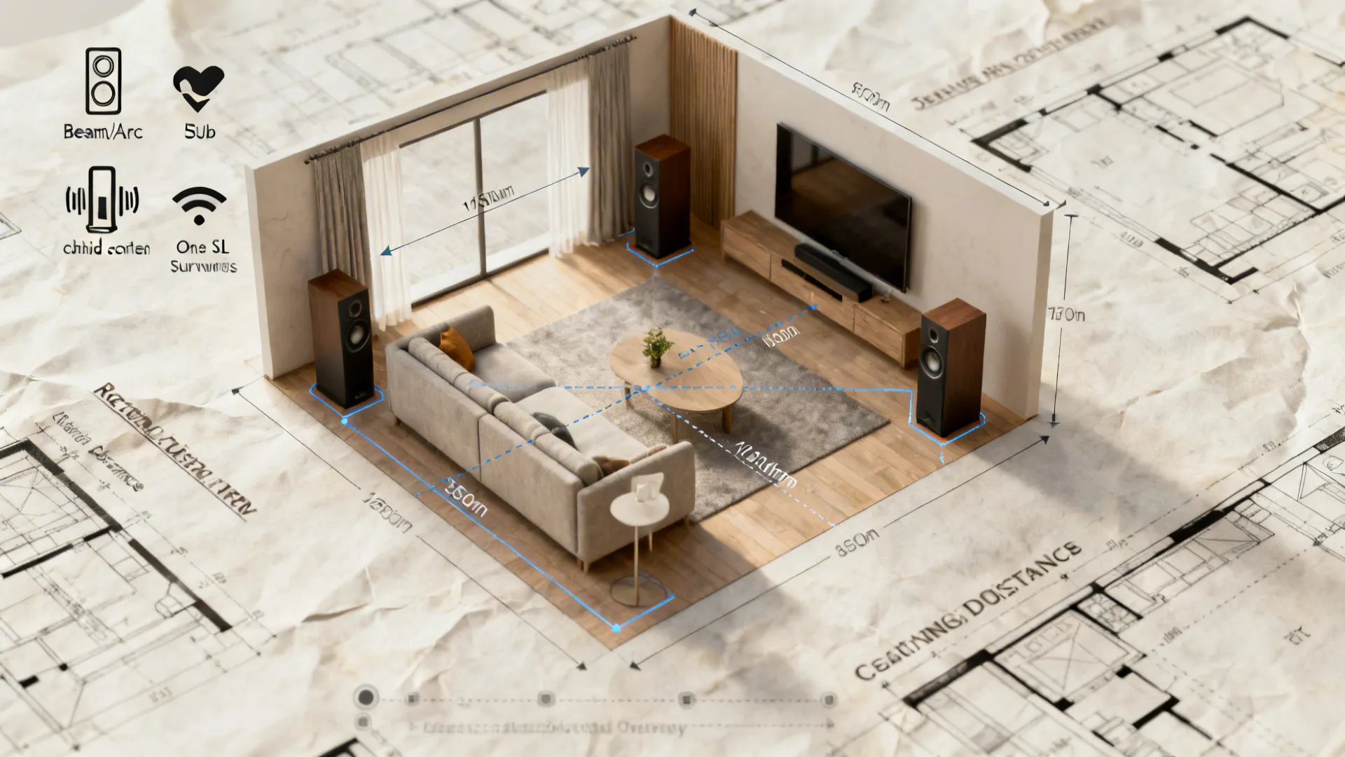 Top-down floor plan mockup showing Sonos speaker placements and seating distance measurements.