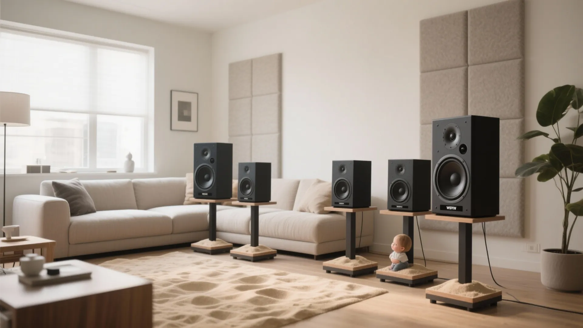 Modern living room with several black speakers on stands arranged in front of a beige sofa