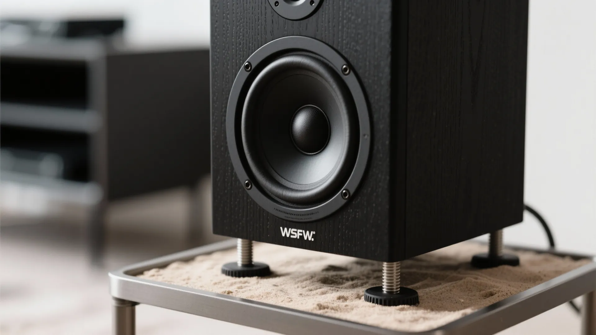 Macro view of a compact speaker and mass-loaded stand with textured finish and isolation pads.
