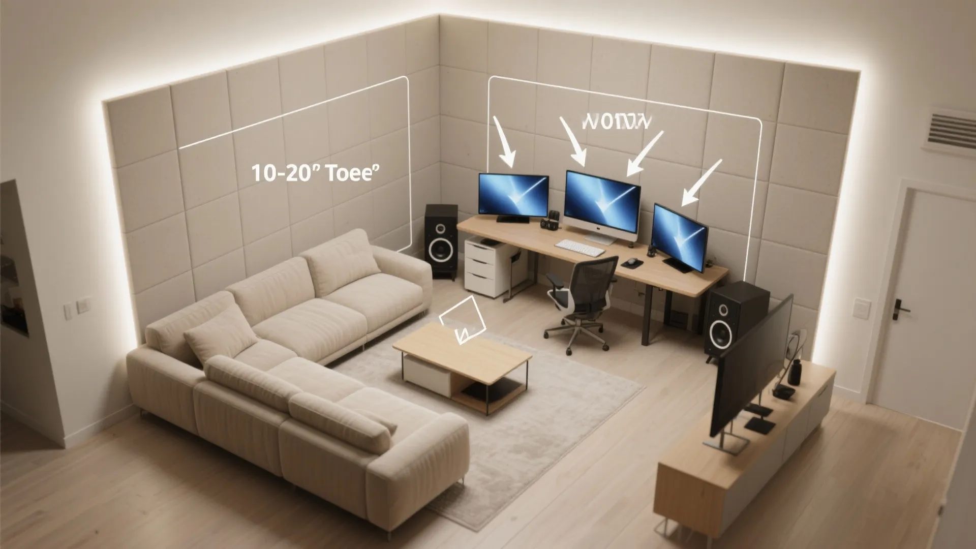 Top view of room layout with cream sofa wooden desk three computer monitors and speakers