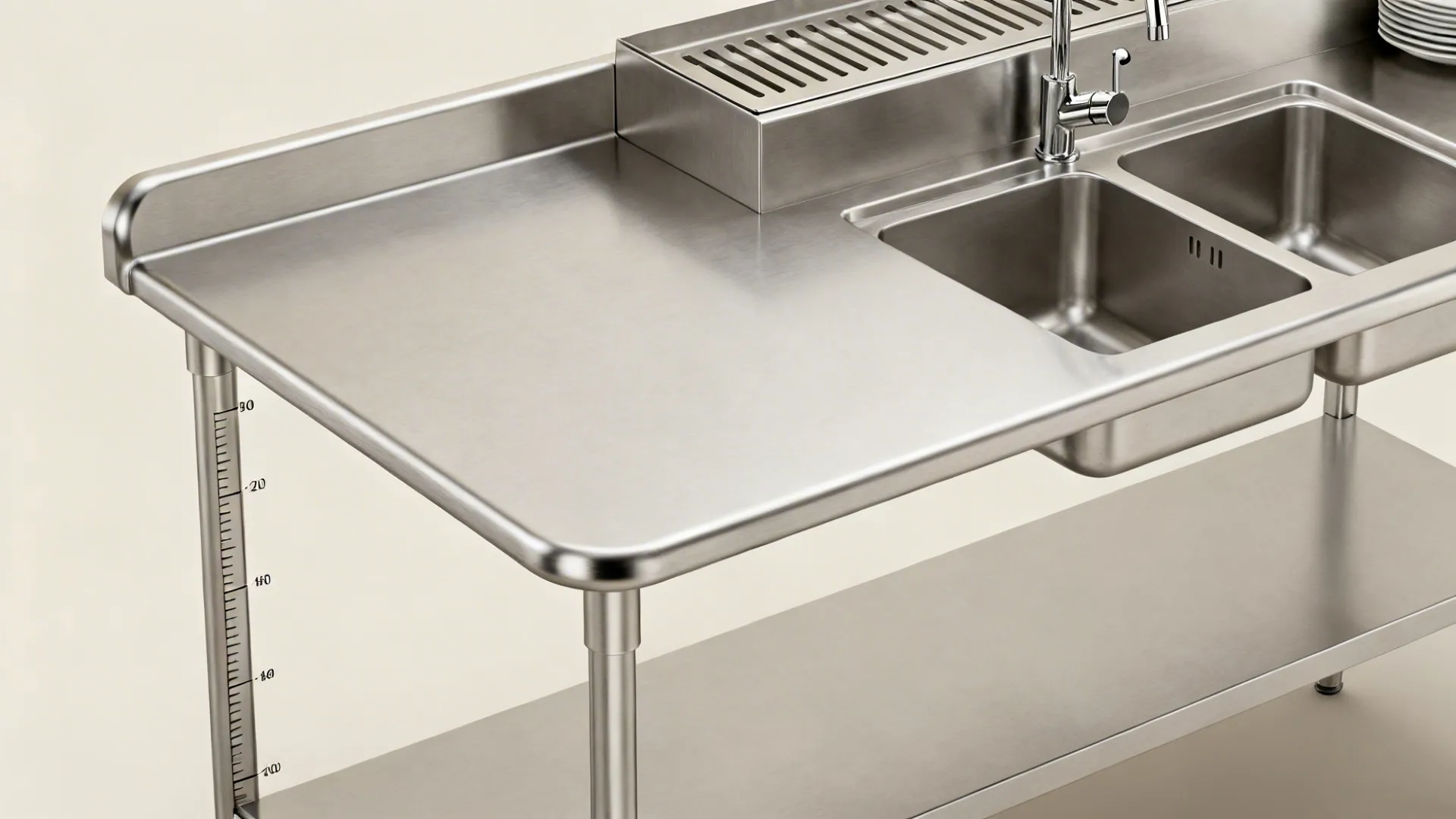 Close-up details of stainless counters with radiused corners, adjustable legs, hands-free faucet, and shelves.