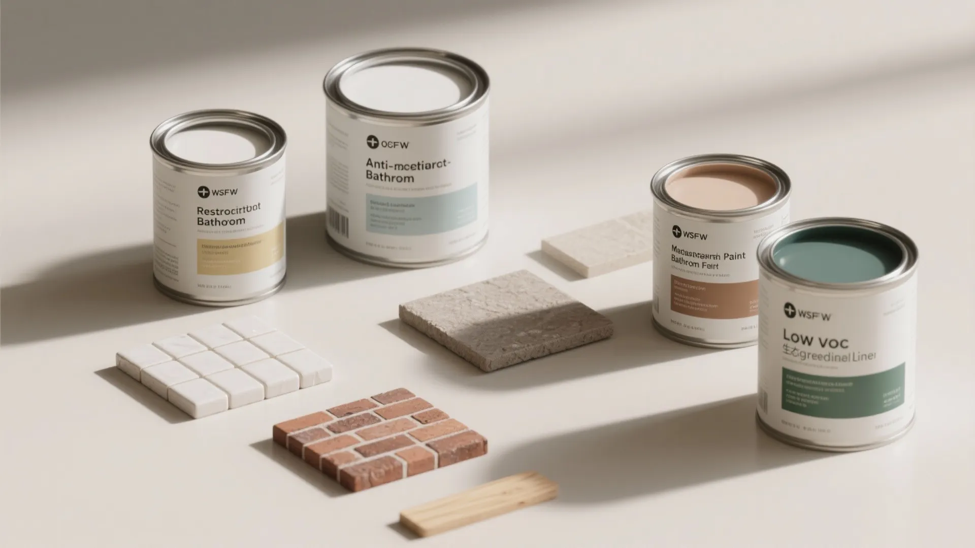 Four paint cans with various interior wall color samples and small stone tiles on floor
