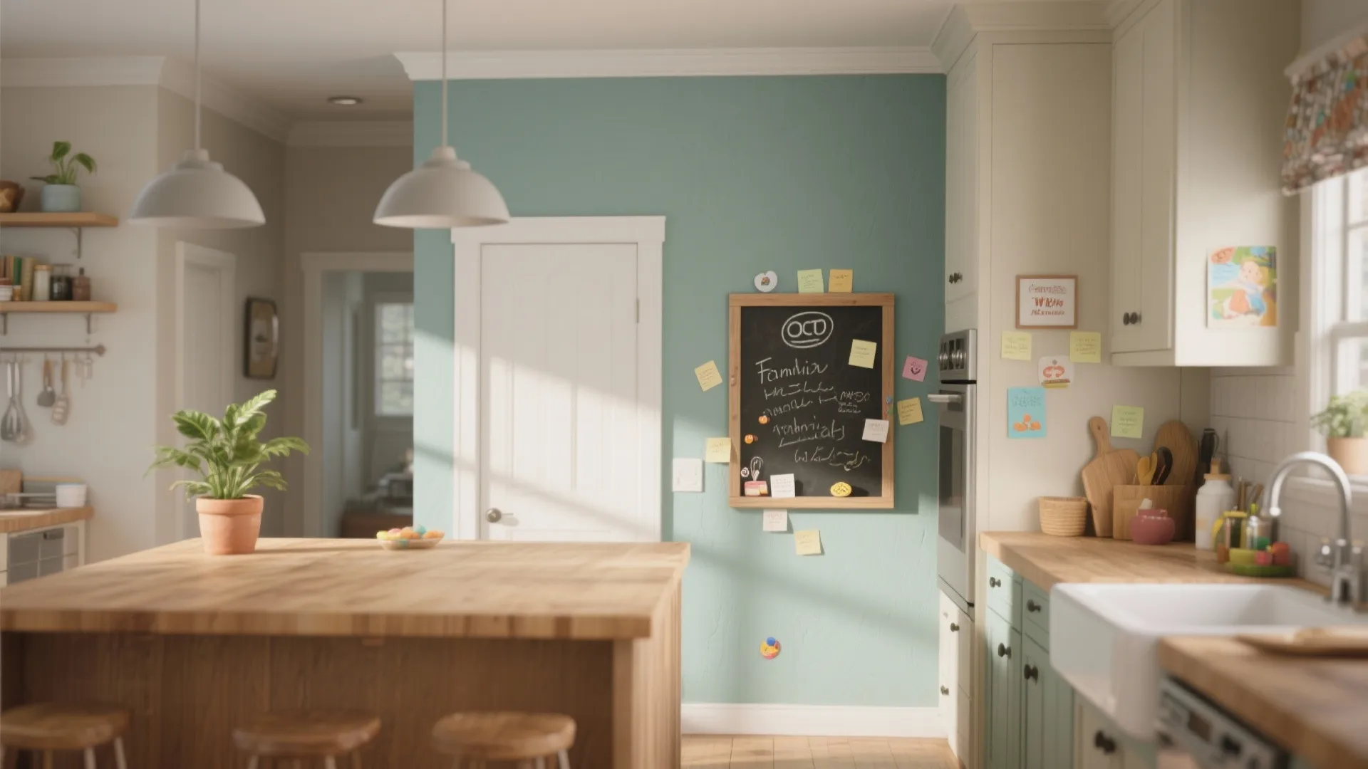 Family kitchen with a washable matte accent wall and a small chalkboard/magnetic painted section.