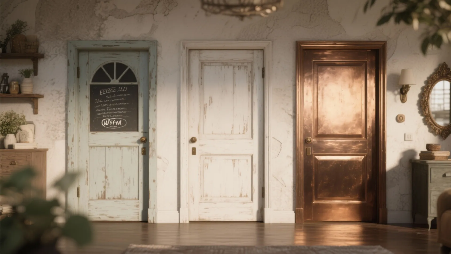 Three different wooden doors in blue white and brown colors standing against a white wall