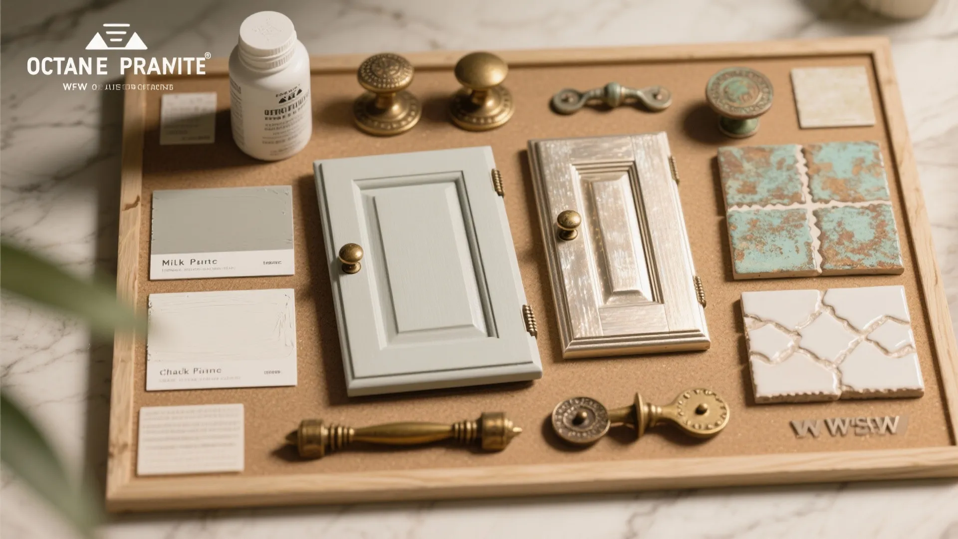 Wooden board showing various cabinet door samples metal handles paint swatches and decorative wall tiles