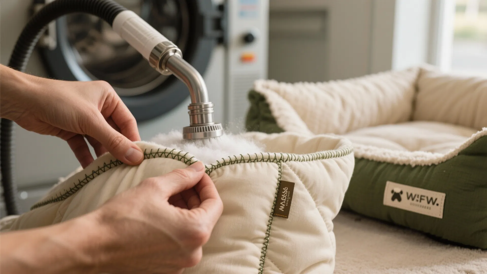 Cleaning a soft green pet bed with a specialized vacuum tool near a washing machine