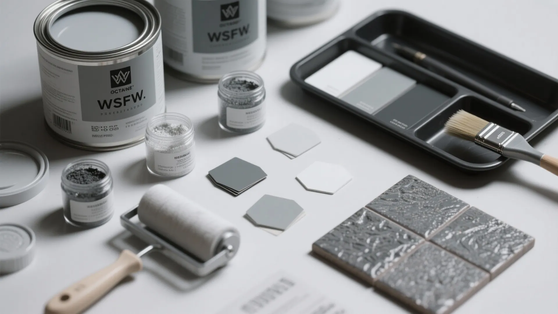 Flatlay of specialty projection paints, micro-pigments, swatches, and application tools for consistent screen finishes.