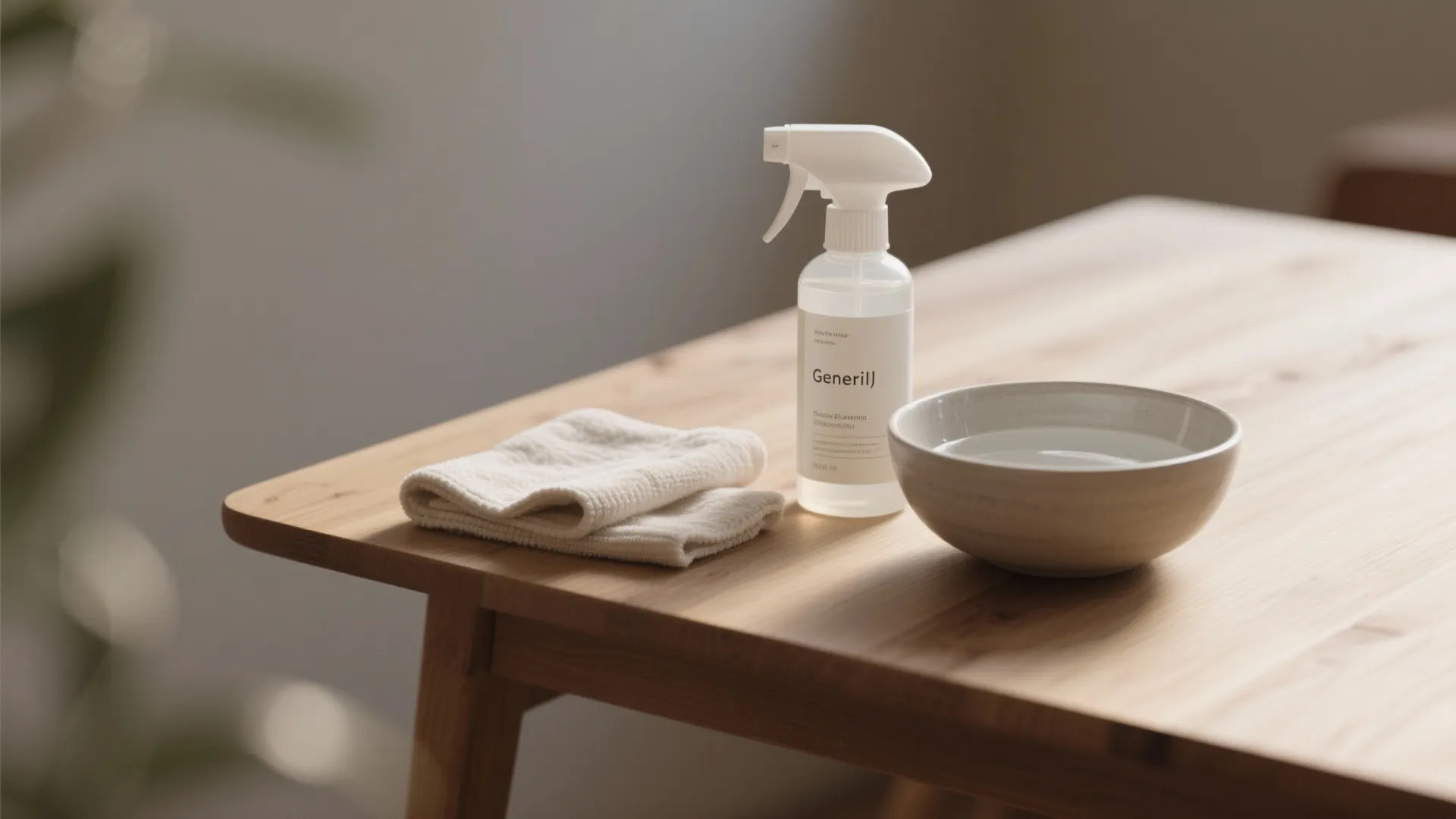 Wooden table with a white spray bottle a small bowl of water and folded towel