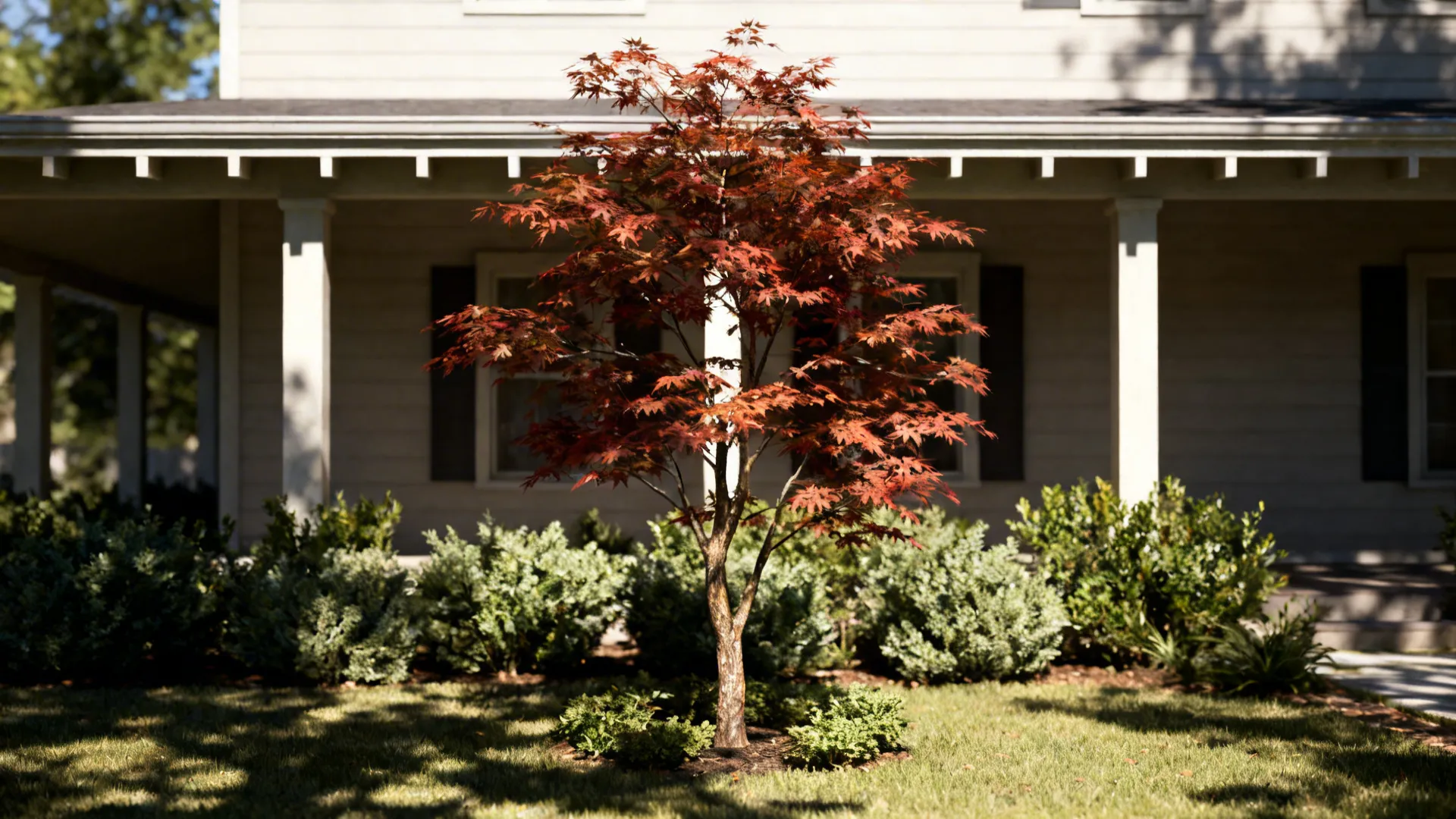 Single Japanese maple providing vertical contrast in a ranch front yard.