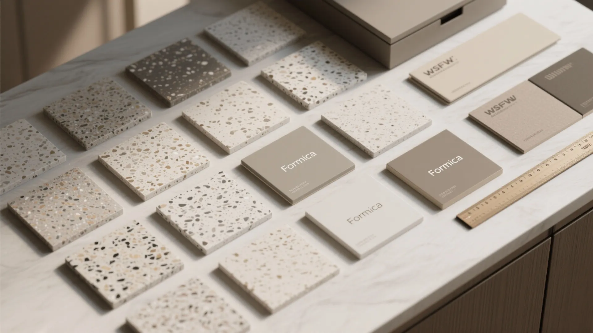 Top-down view of speckled neutral Formica samples next to cabinet swatches under soft daylight.