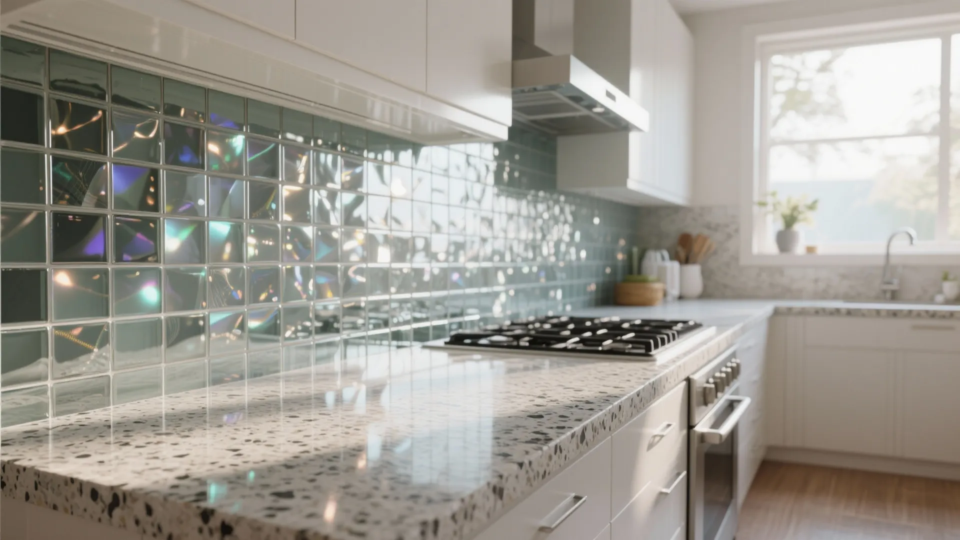Modern kitchen with white speckled countertop glass tile wall white cabinets stove and natural light