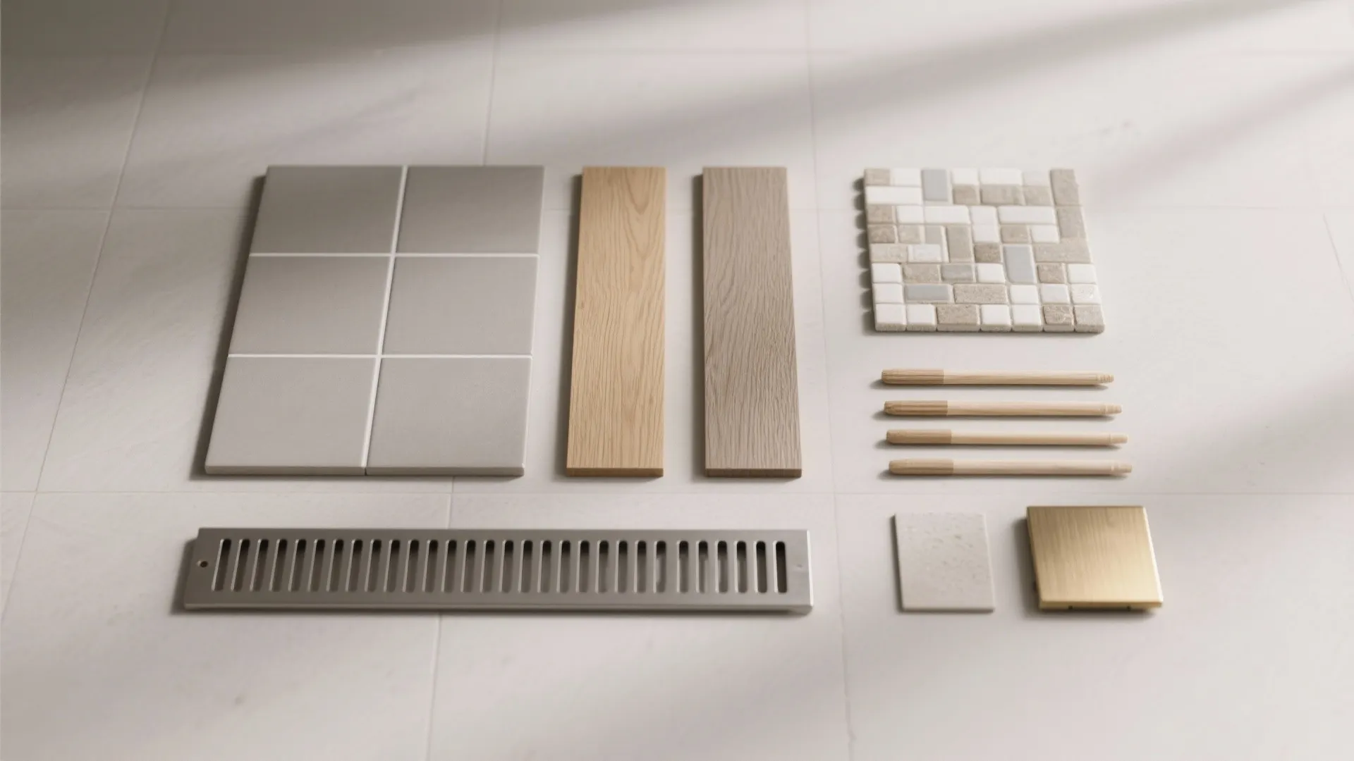 Various floor tiles wood planks metal drain and small samples arranged neatly for bathroom design