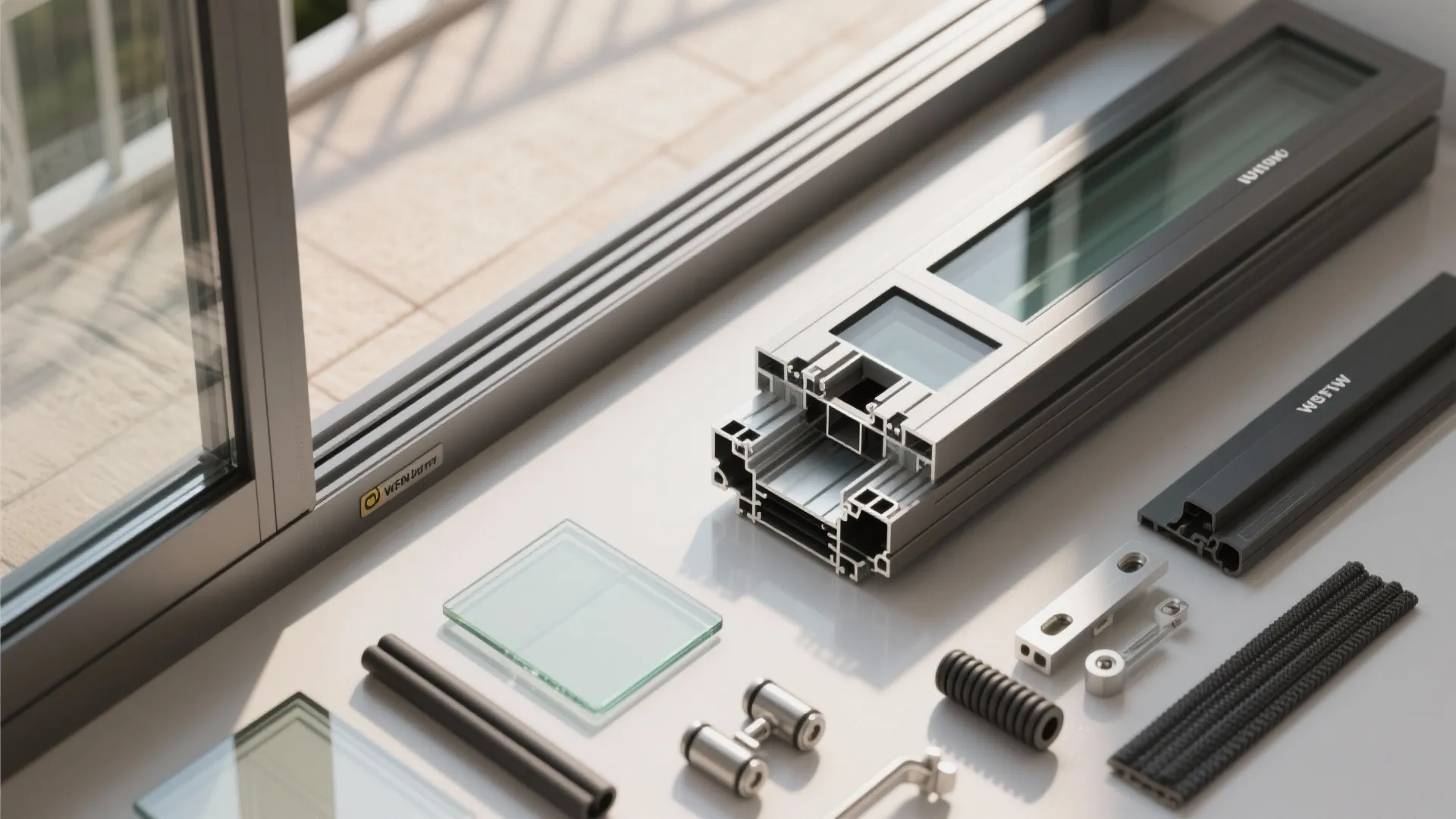 Various window frame parts including aluminum profiles glass panels and small hardware components on white surface