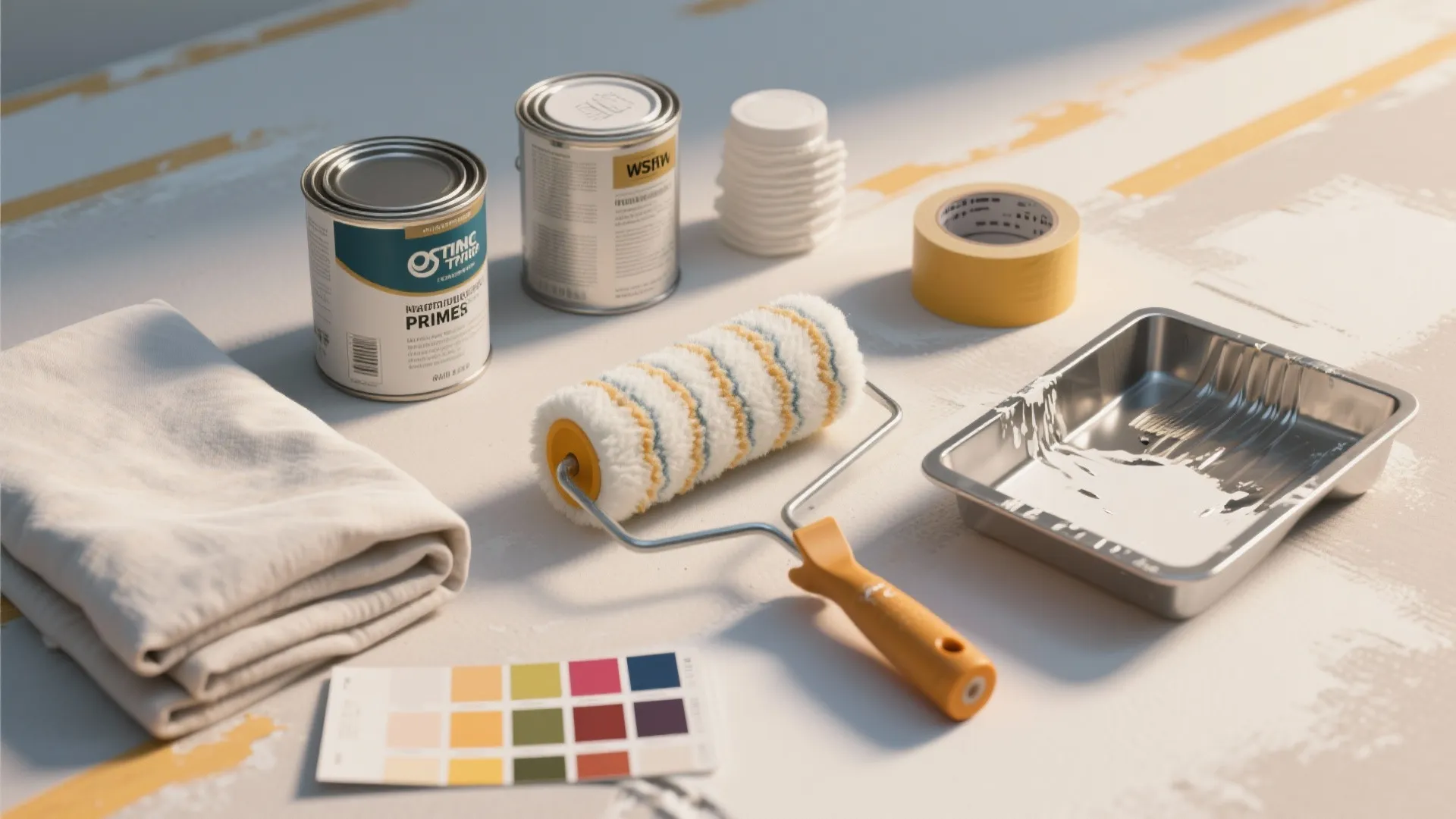 Painting supplies including paint cans paint roller metal tray masking tape and color palette cards
