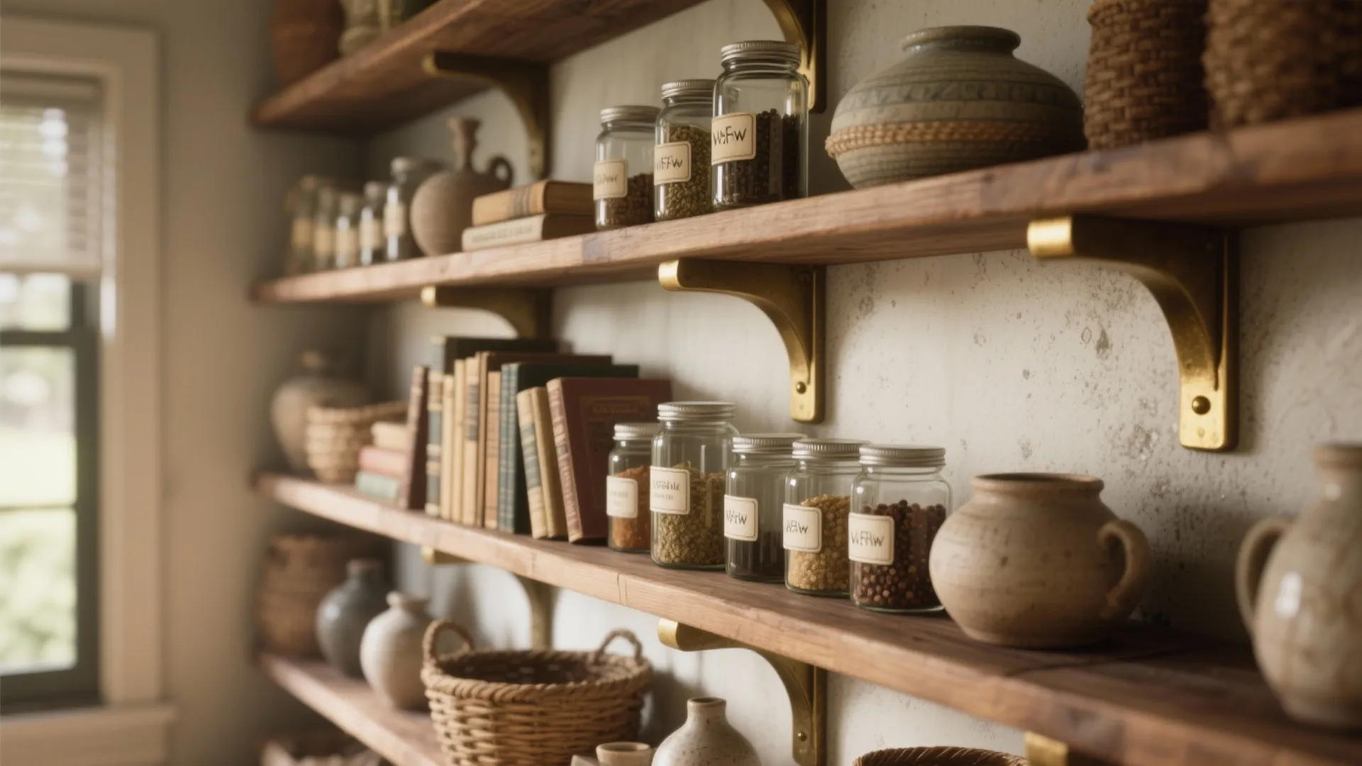 Rustic wooden wall shelves with glass jars, books, woven baskets, and clay pots on display