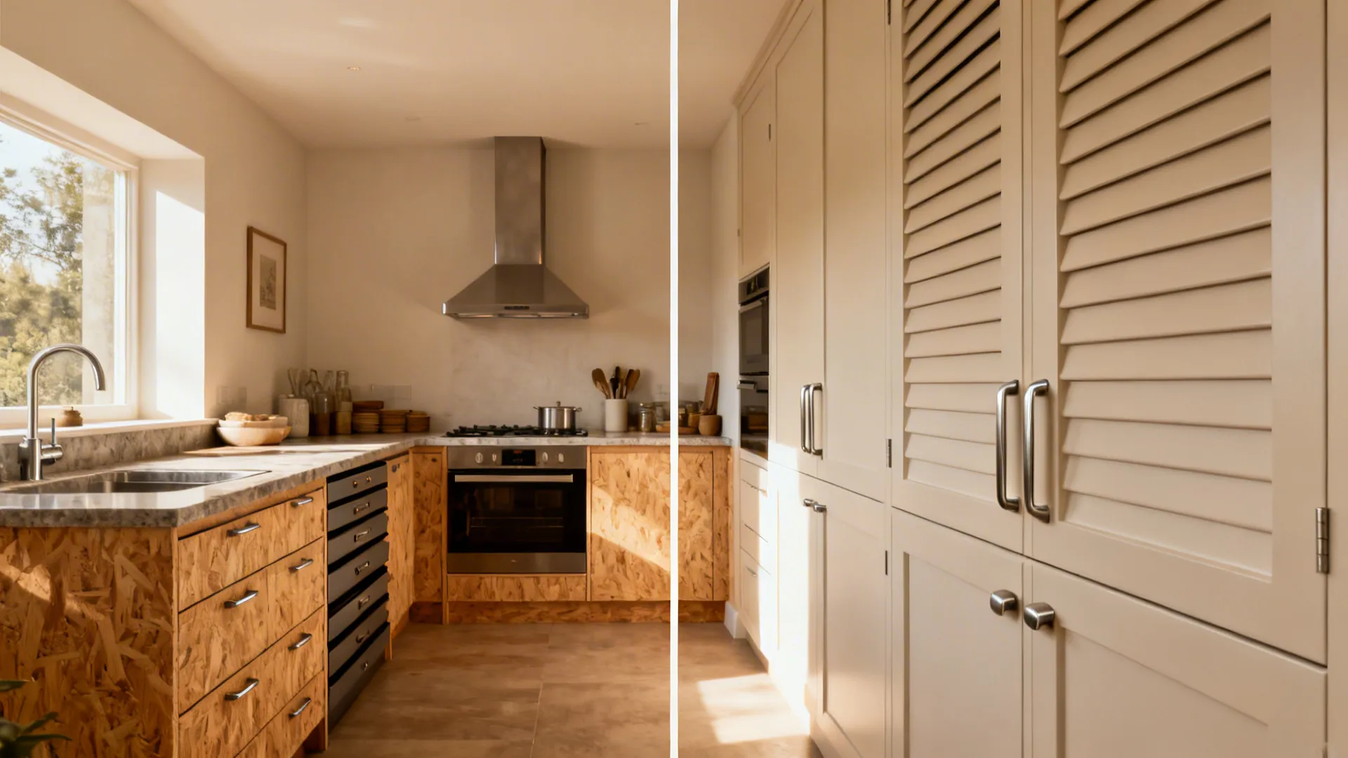 Side-by-side compact kitchen showing spend priorities versus save choices in the same space.