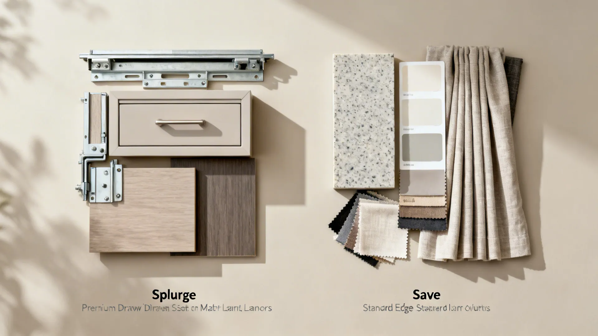 Flat lay of hardware, laminates, quartz, paint, and fabrics grouped into splurge and save sets.