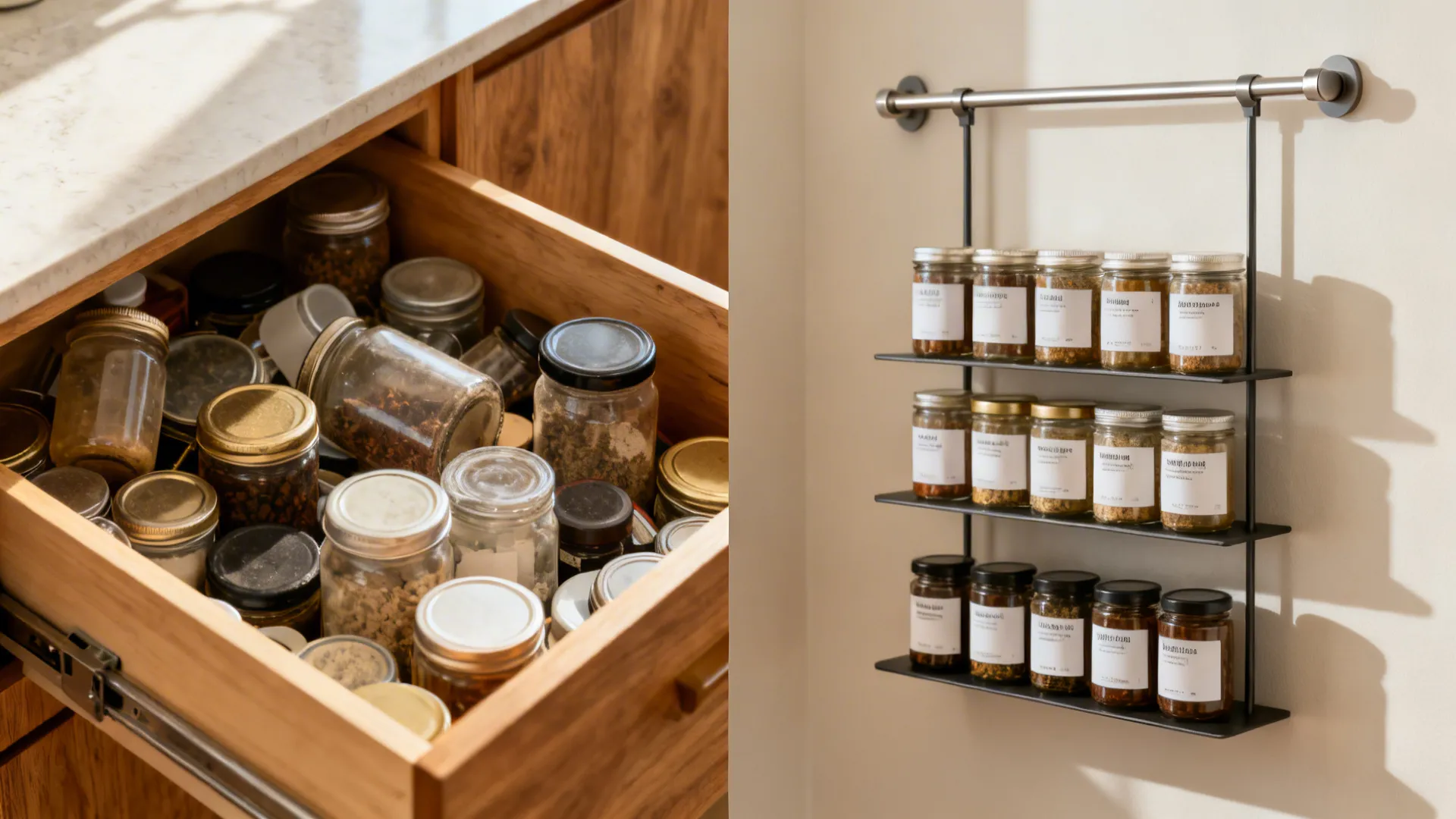Before: cluttered spice drawer. After: sleek rail and tiered caddy with uniform jars.