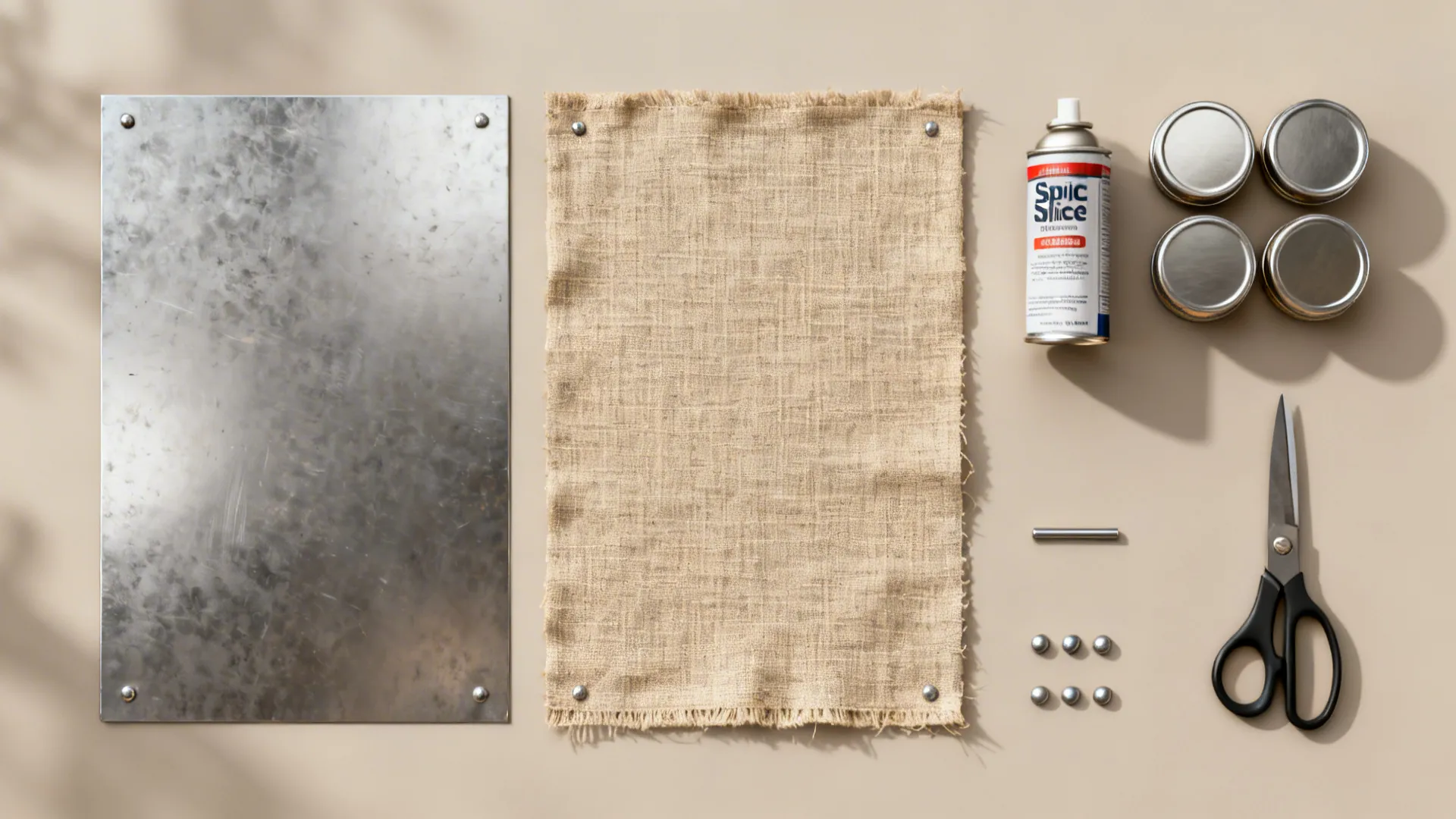 Top-down materials for a linen-covered magnetic spice board arranged in order.