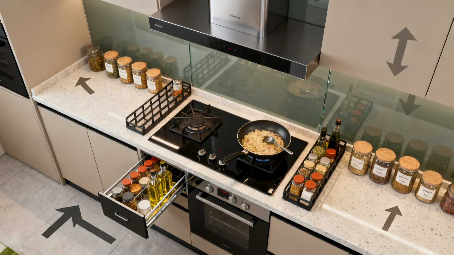 2) Ventilation-first open plan with concealed spice center