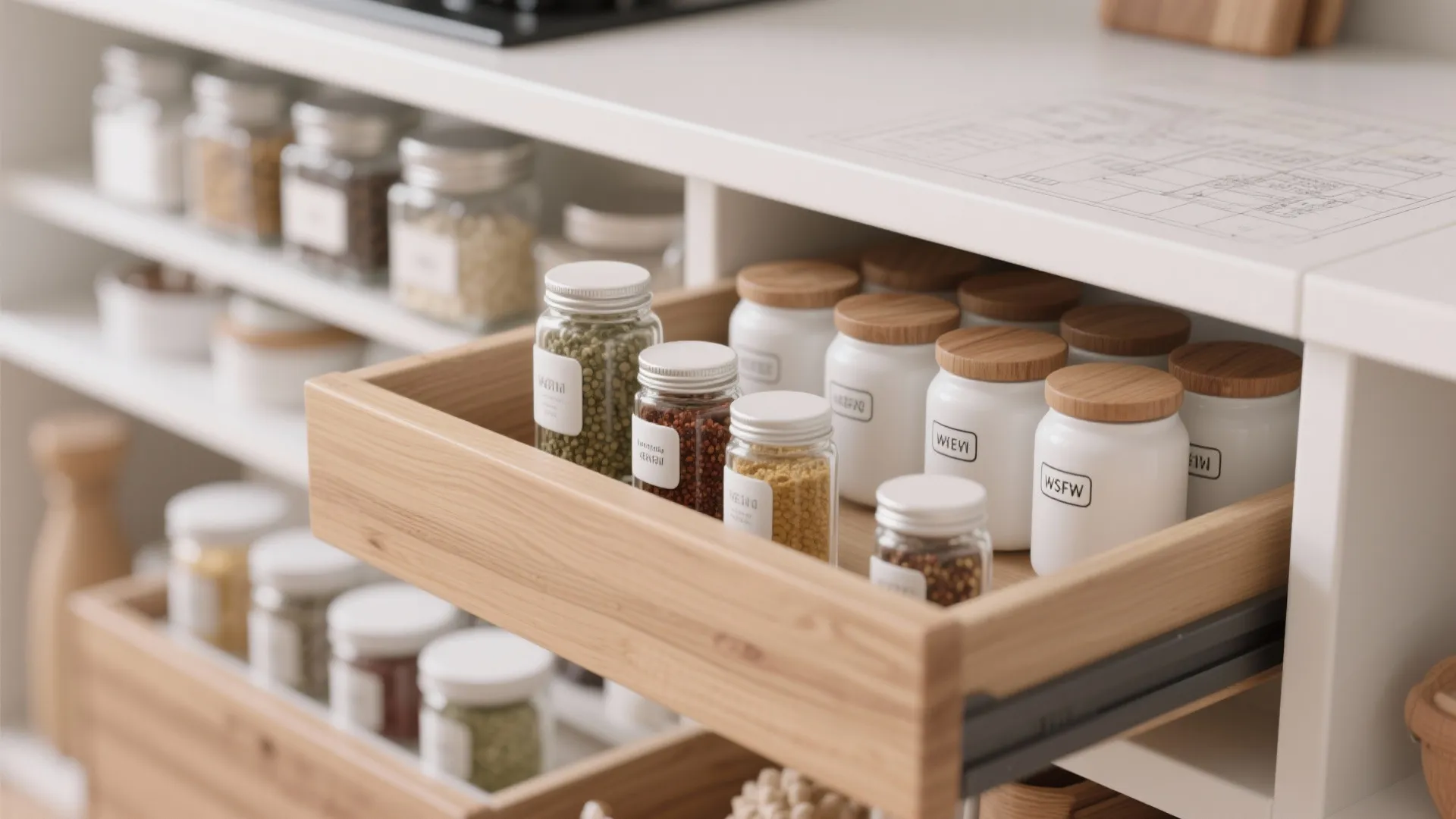 Tips 4: 調味料は“使用頻度×容器の高さ”で配列、ラベルは下段に（収纳技巧）