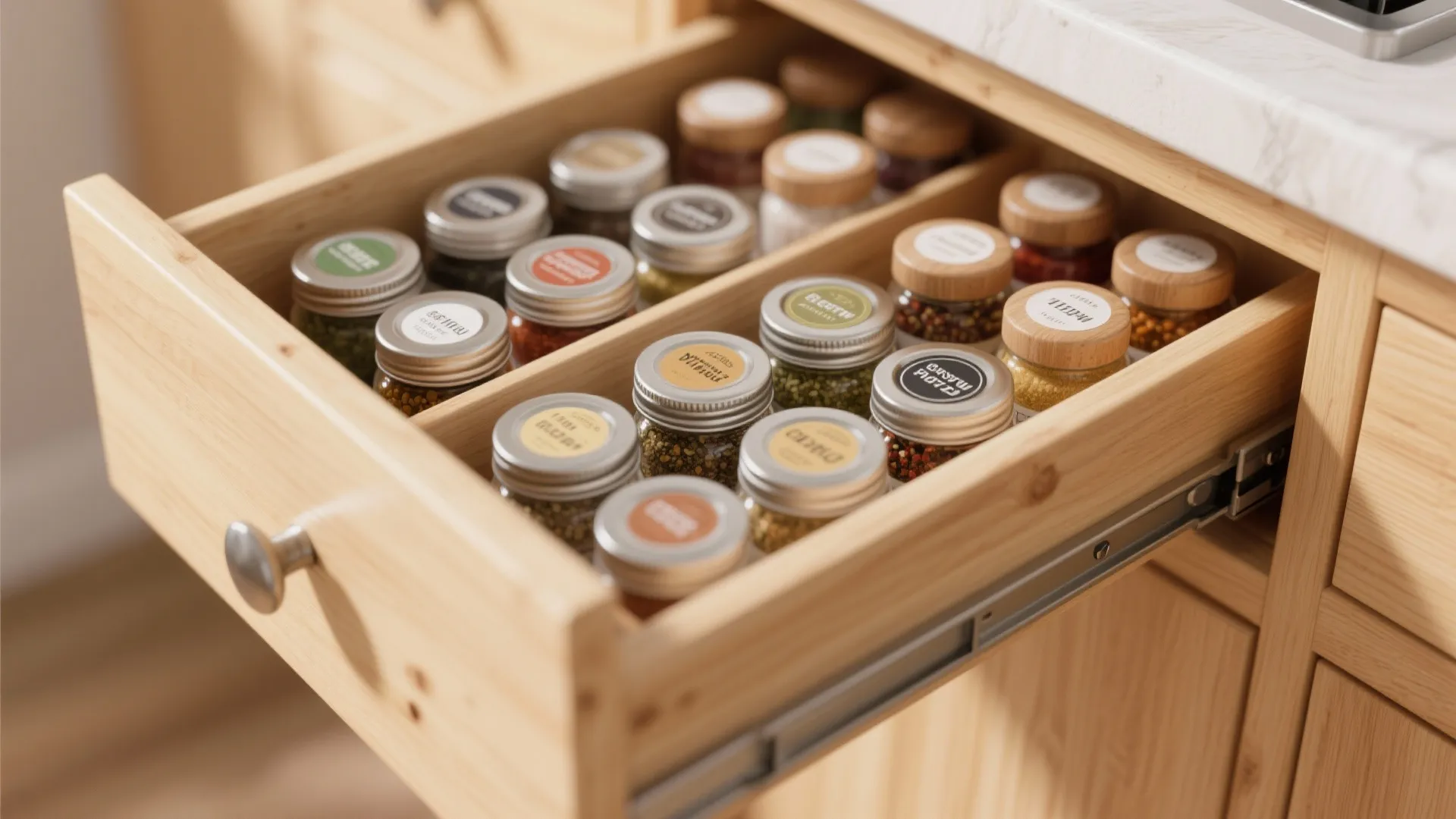 Open wooden kitchen drawer with divider insert holding organized glass spice jars with white labels