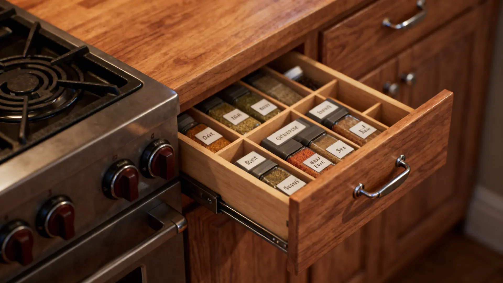 Close-up of labeled spice drawer with soft-close hardware and warm wood texture.