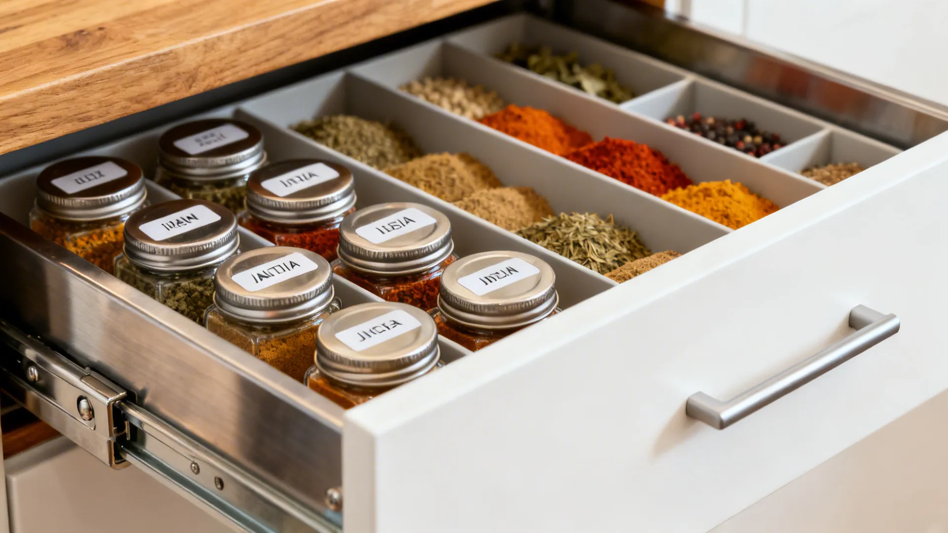 Macro view of a deep drawer with neatly organized Indian spice jars in dividers.