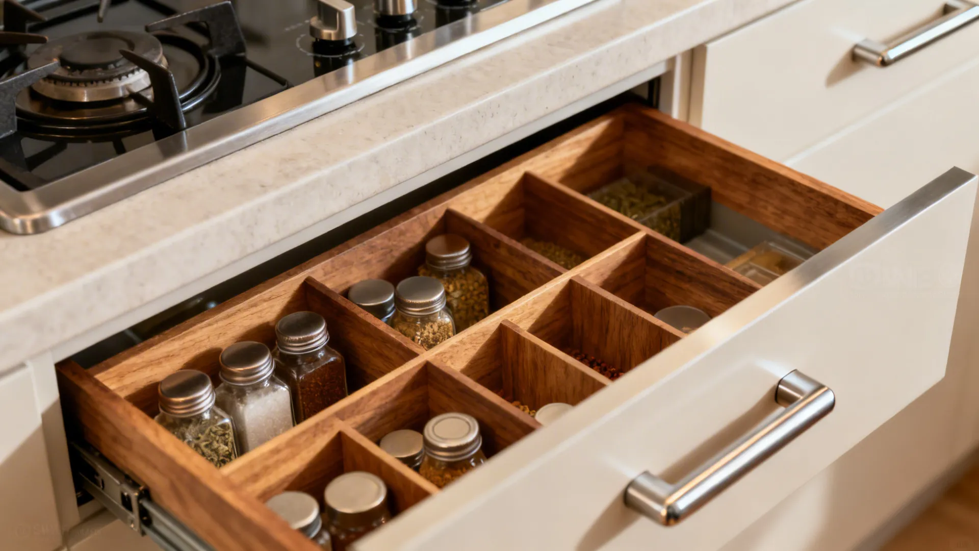 Macro of organized spice drawer with wood dividers by the cooktop.
