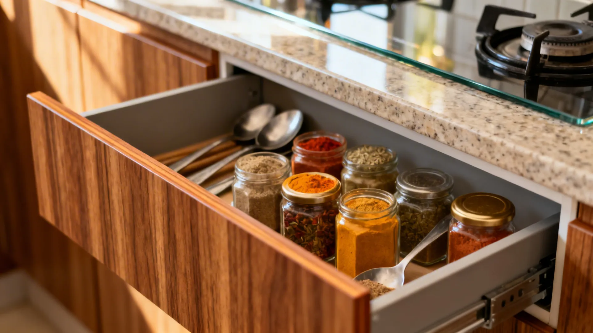 Macro of a slim spice pull-out with organized masala jars next to the hob.
