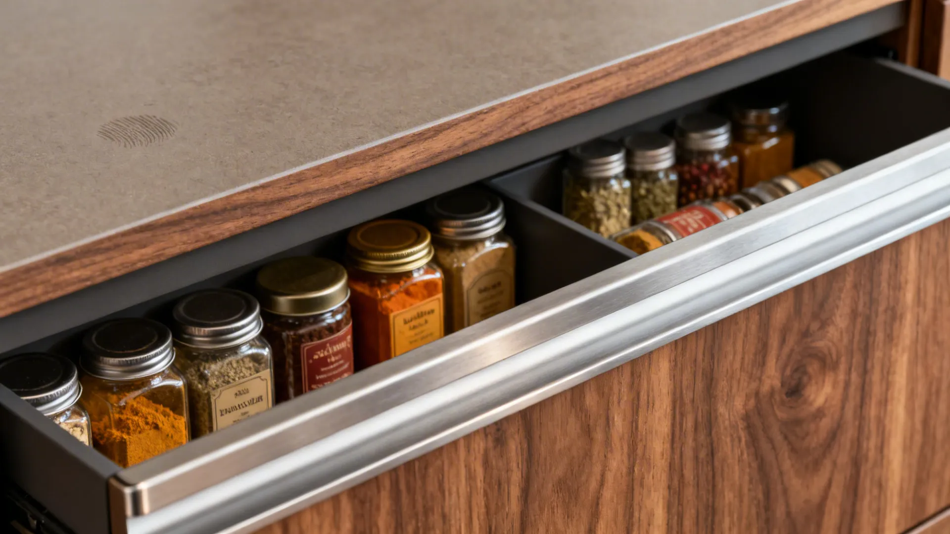 Macro of matte handleless drawer with organized masala tins and wood grain detail.