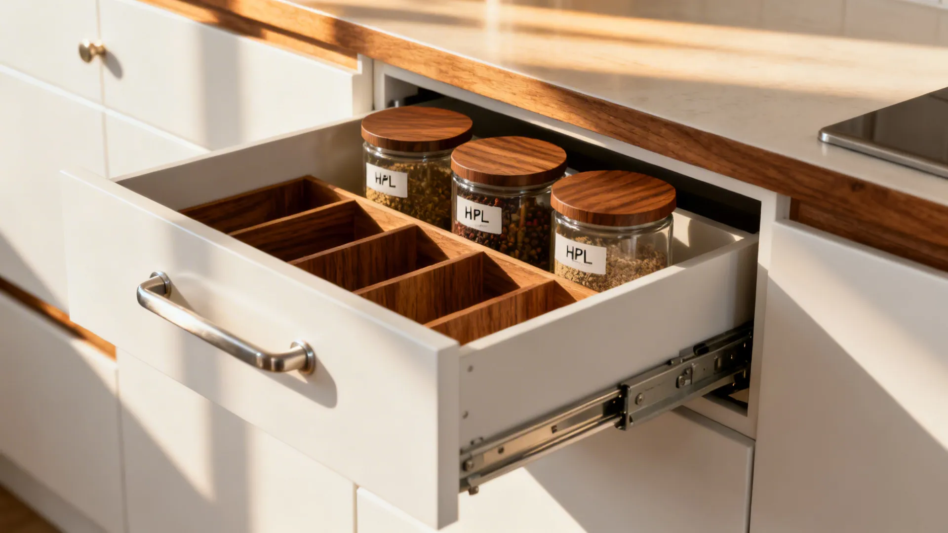 Macro of a shallow spice drawer with labeled jars and integrated handle in a matte white cabinet.