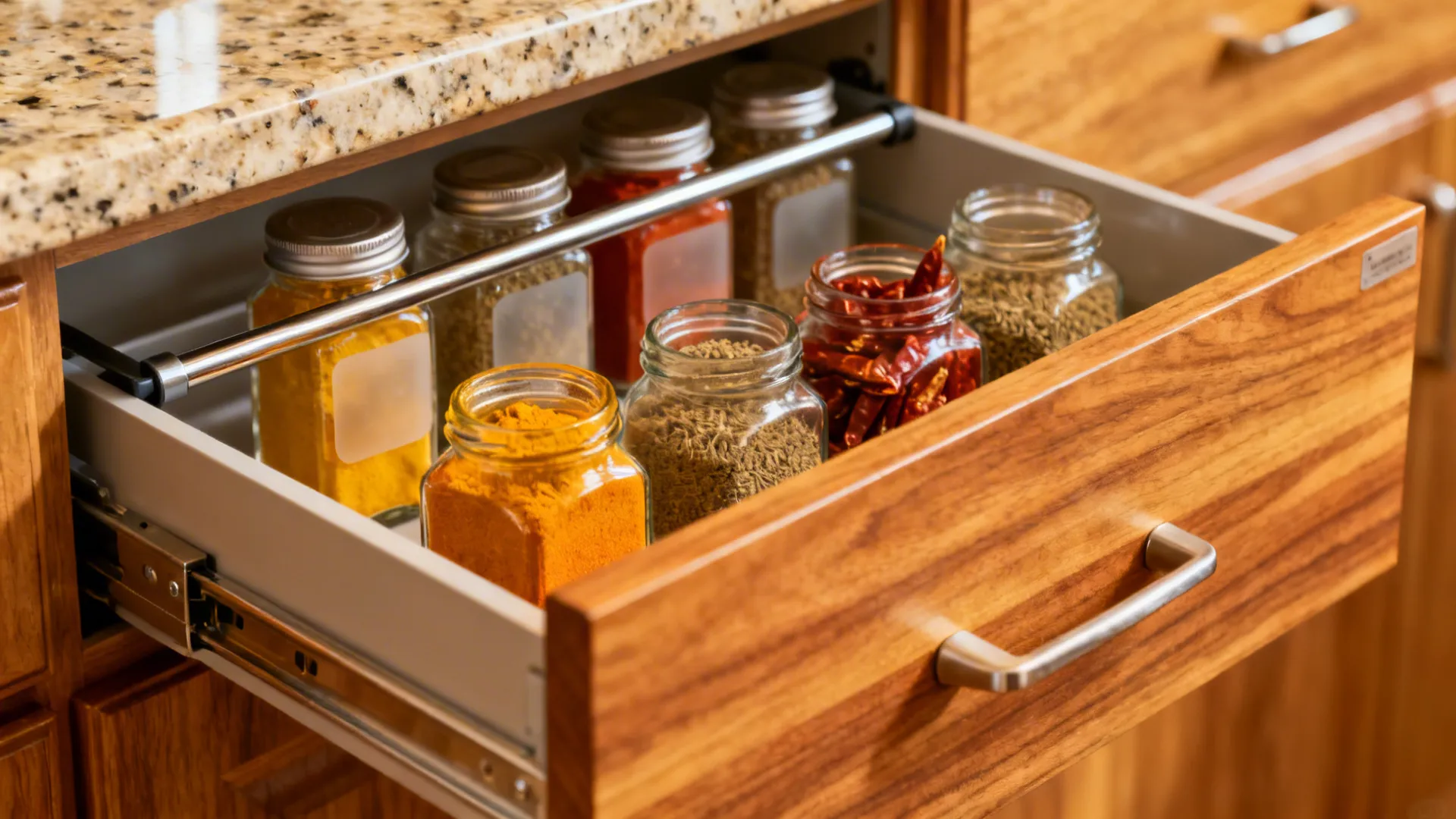 Macro view of a pull-out spice drawer with neatly labeled jars and soft-close hardware.