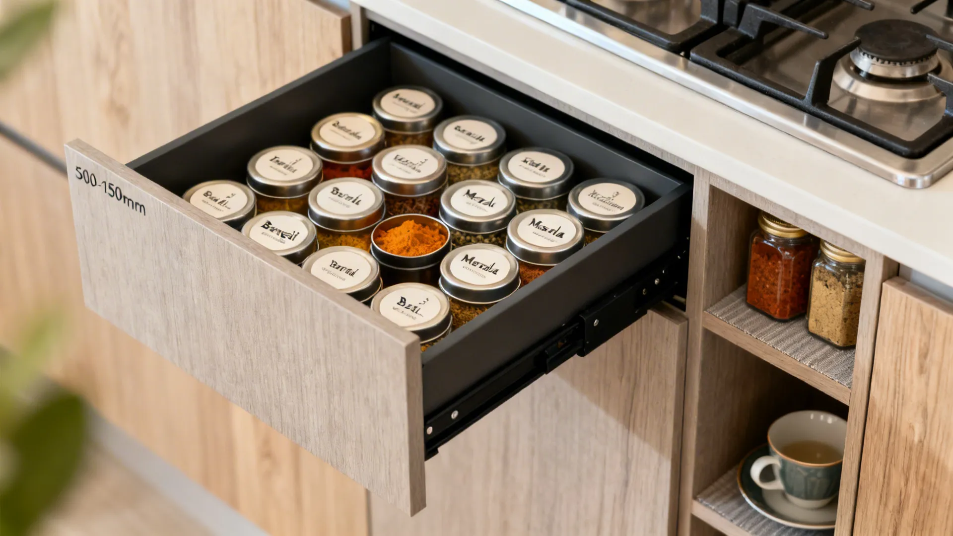 Macro of shallow spice drawers and a slim pull-out beside the hob with neatly labeled tins.