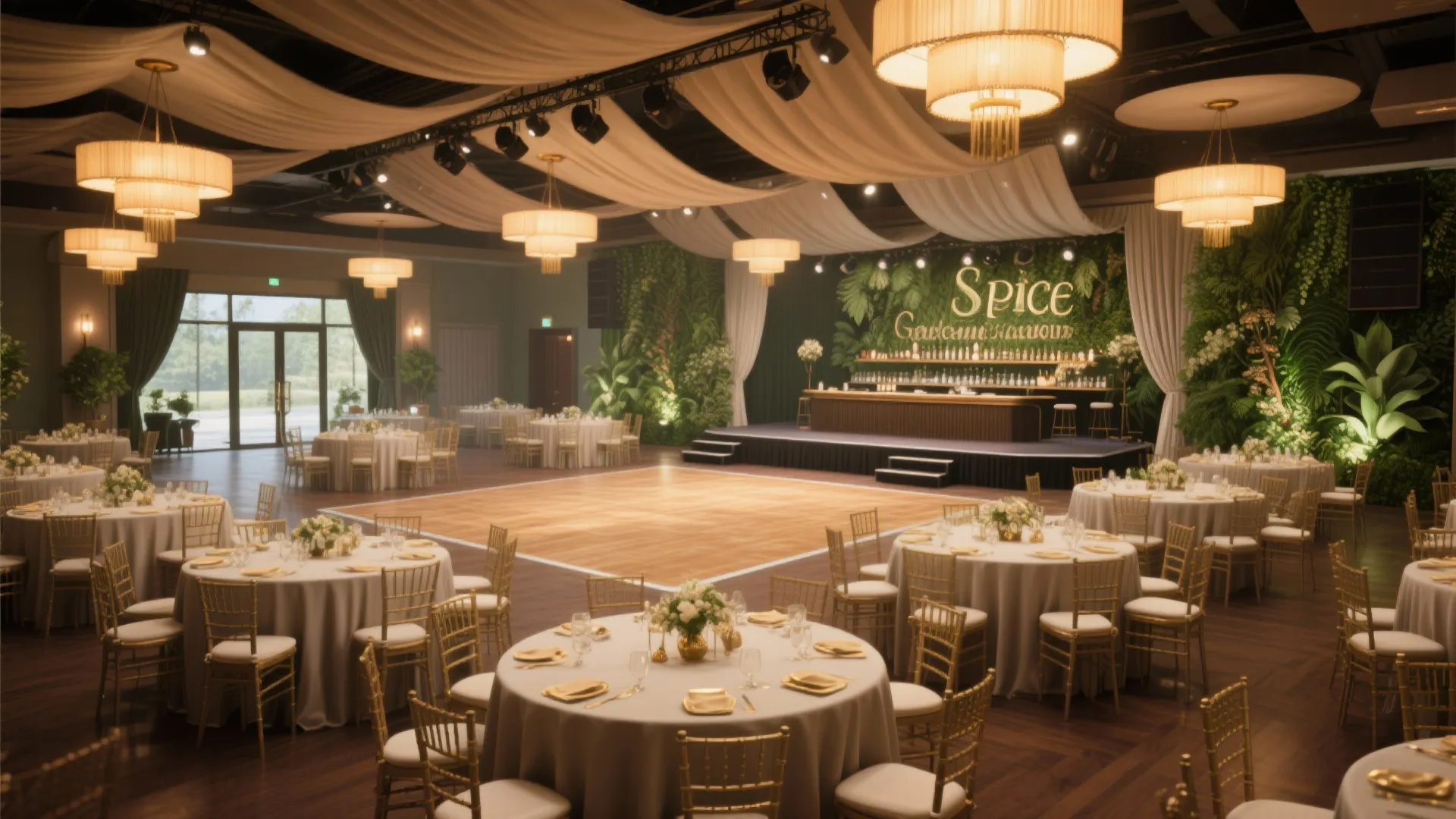 Banquet hall with round tables gold chairs dance floor green wall and warm ceiling lights